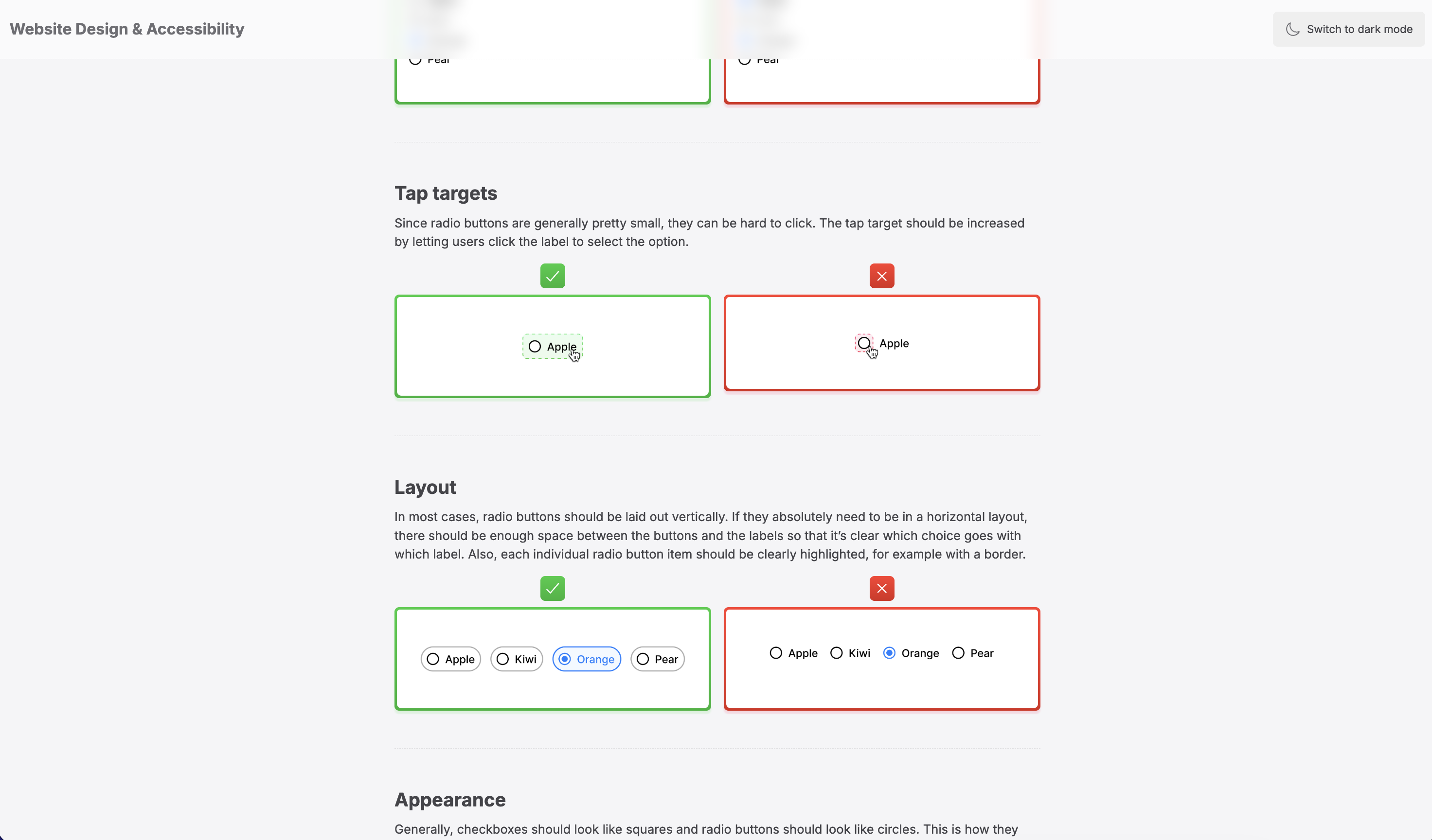 UI radio button guidelines