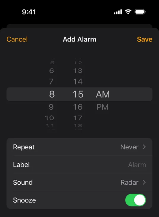 The iOS Add Alarm screen with a scrollable time picker wheel set.