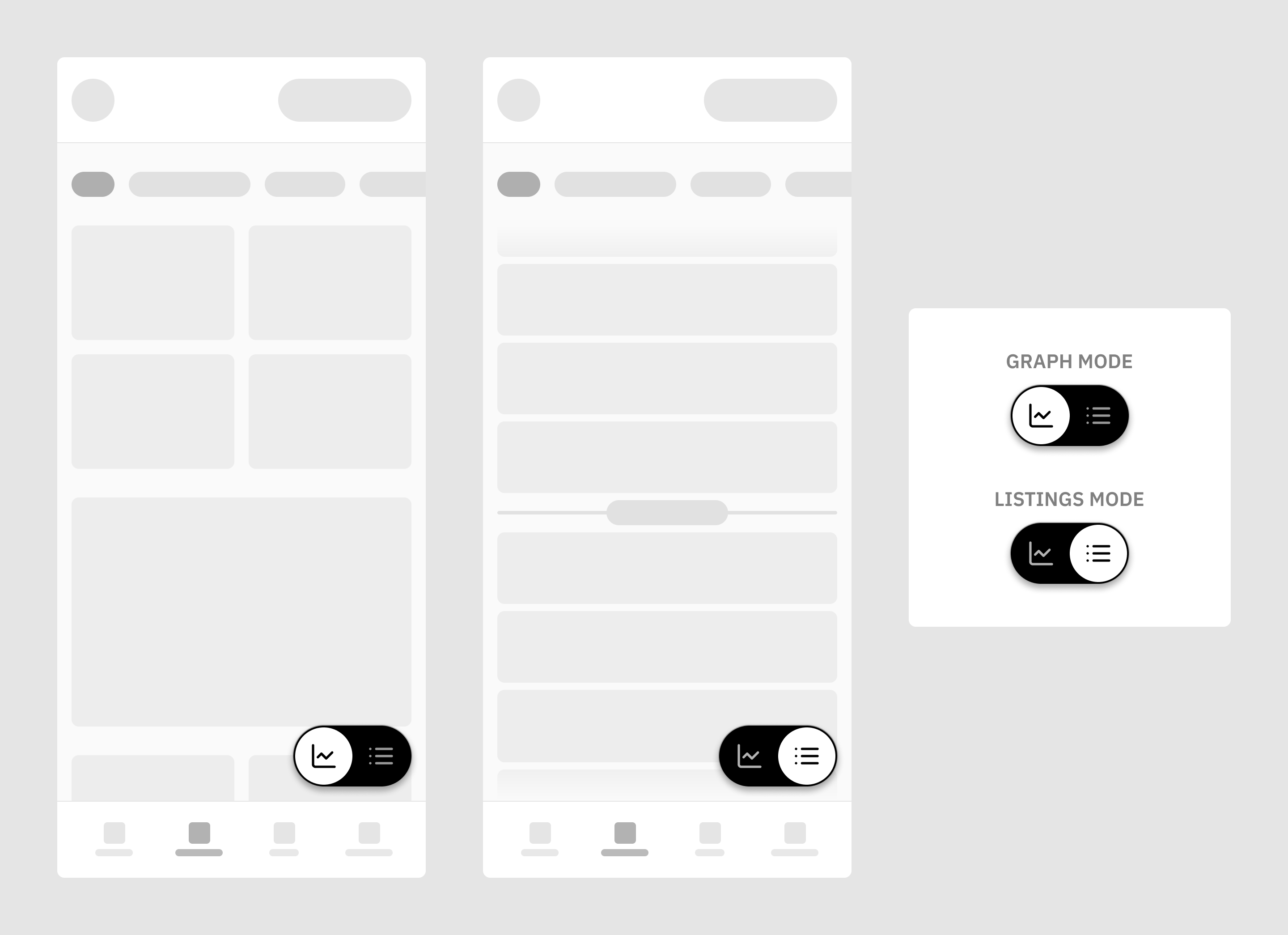 Two phone mockups with a pill toggle showing the graph and listings mode.