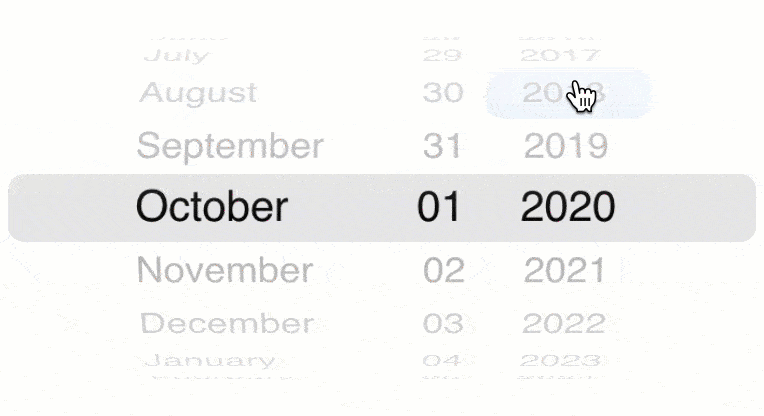 An iOS-style date picker wheel that can be drgaged up and down.