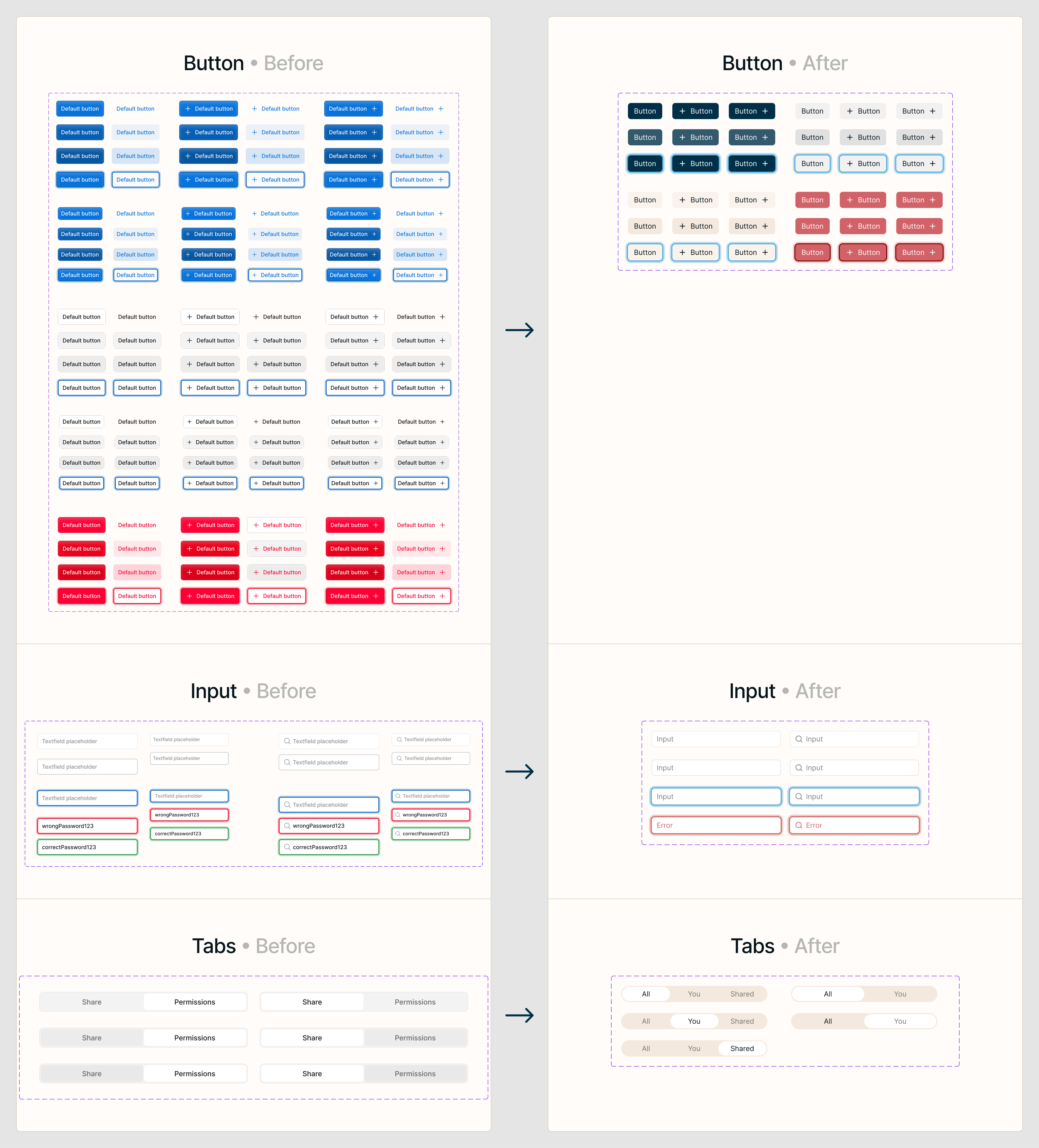 Before-and-after design systems for Button, Input, and Tabs, trading many cool-blue variants for a smaller warm-toned set.