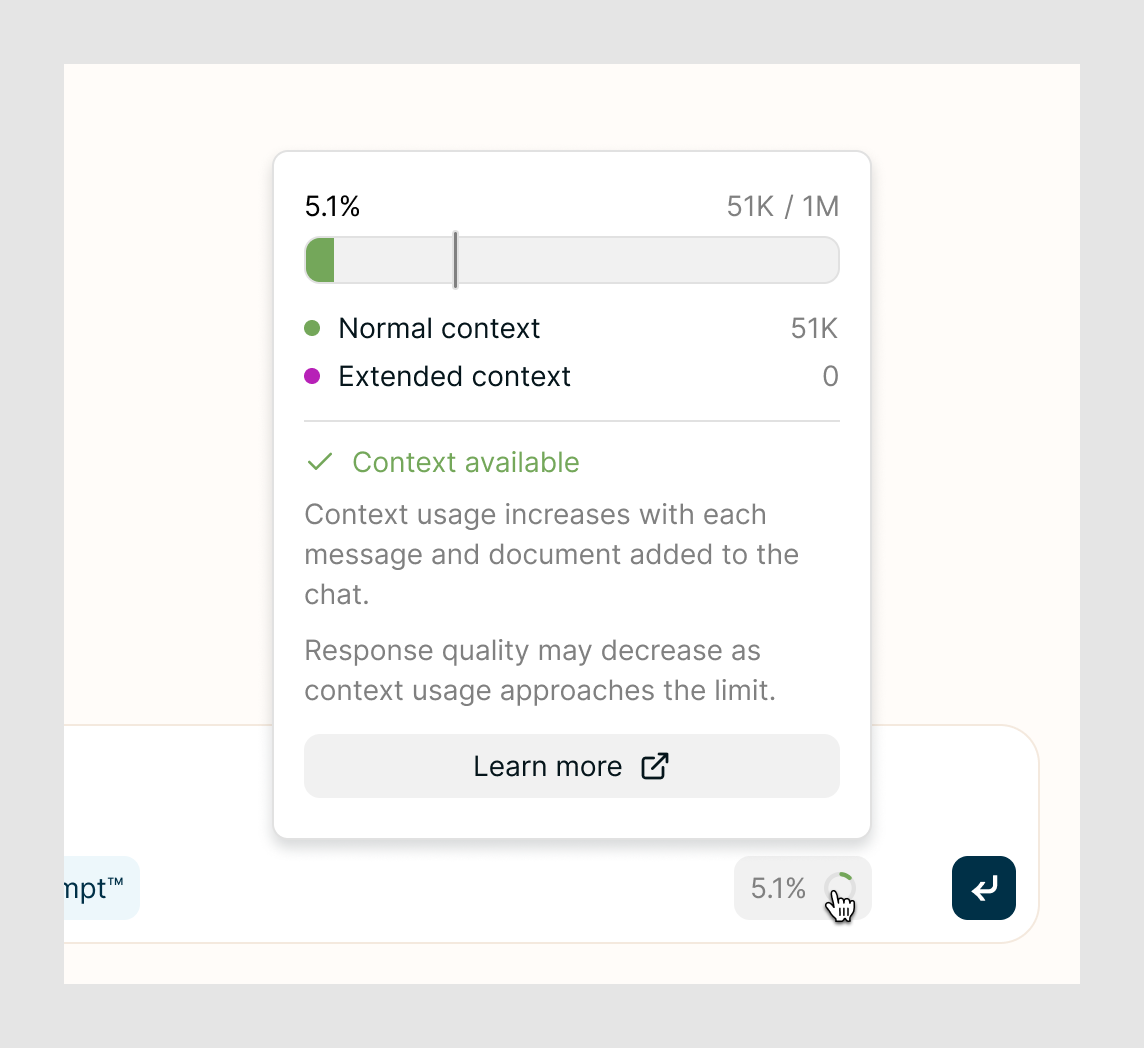 The expanded context popover at 5.1%, a green normal-context segment, labeled Context available.