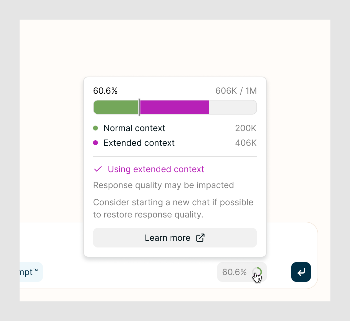 The popover at 60.6% with green and magenta segments, labeled Using extended context.