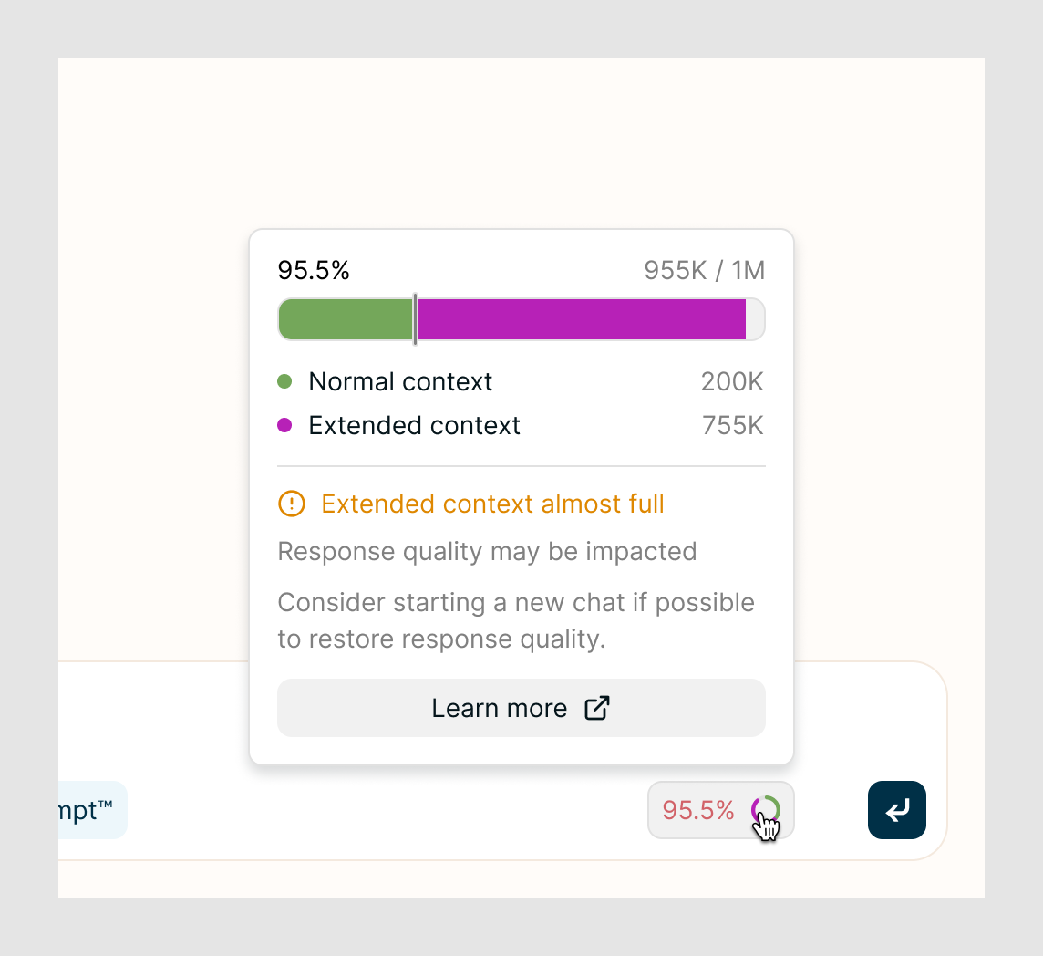 The popover at 95.5%, the bar mostly magenta, with an amber Extended context almost full warning.