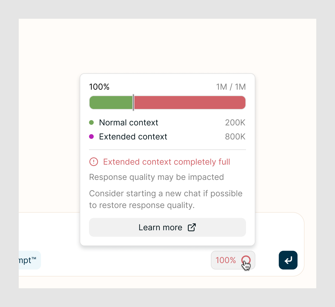 The popover at 100%, the bar ending in red, labeled Extended context completely full.