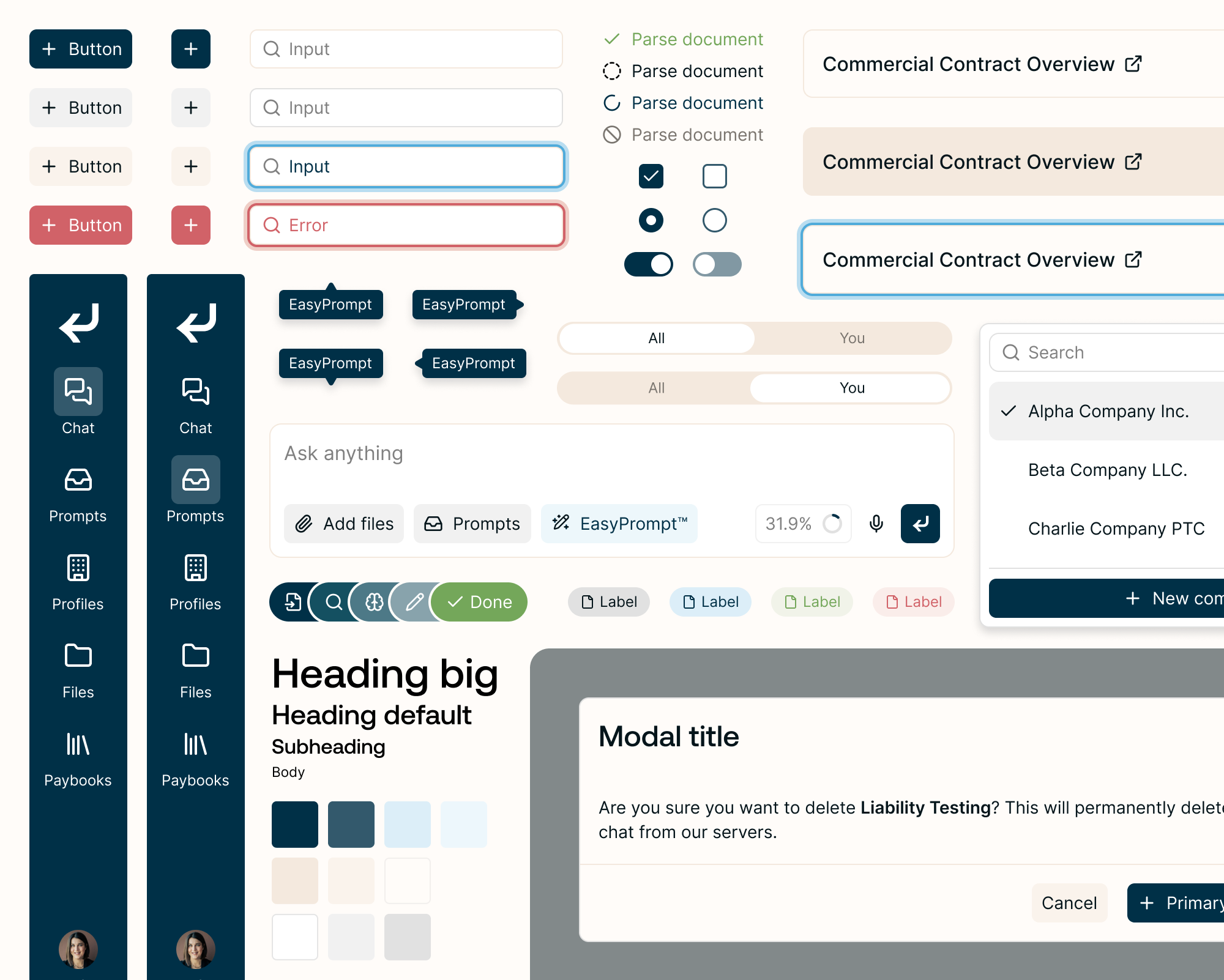 A collage of the new design system: buttons, inputs, toggles, sidebar nav, type scale, color swatches, and a modal.