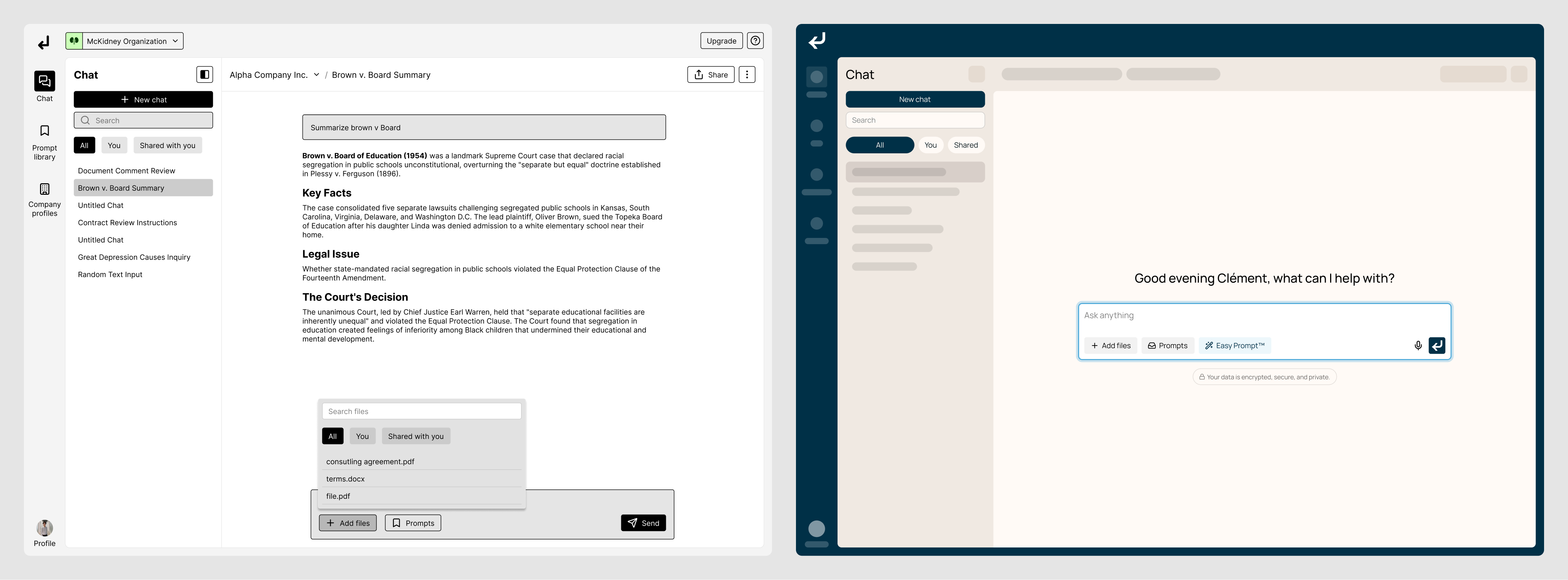 Two early chat-layout mockups side by side, from a gray low-fi wireframe to a cleaner mid-fi welcome screen.