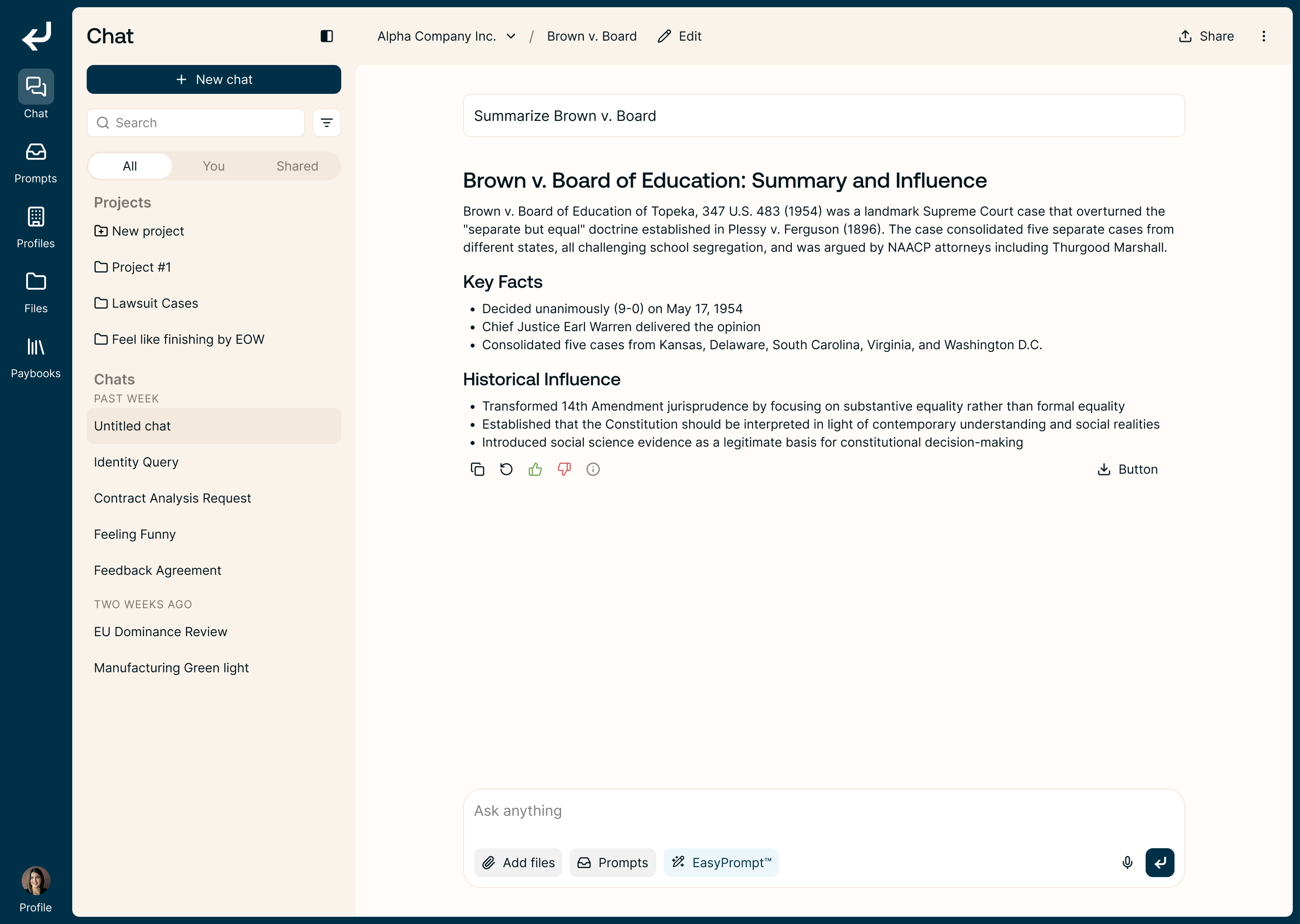 The redesigned workspace: a navy shell and beige sidebar around a white chat showing a Brown v. Board summary with key facts.