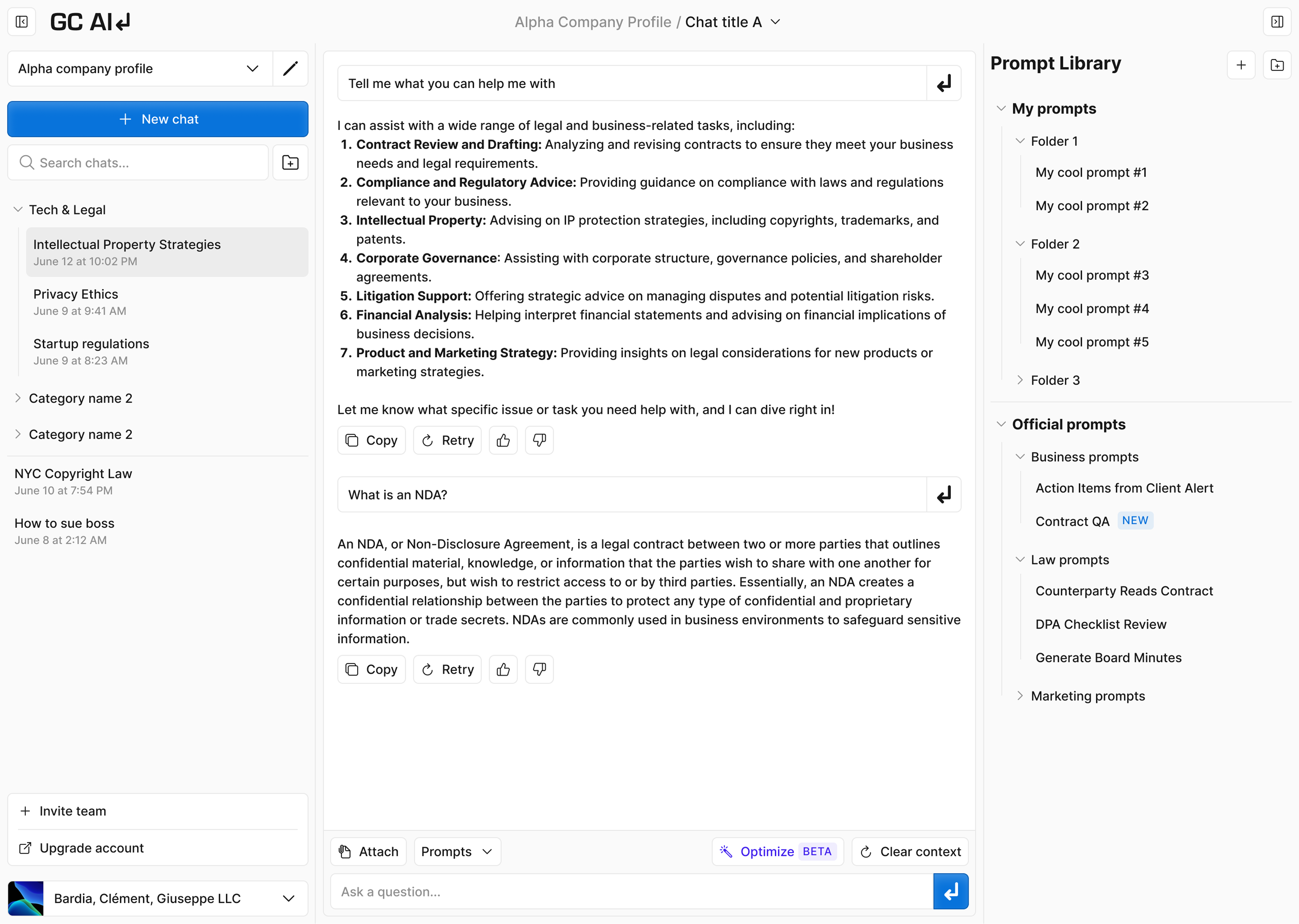 The original GC AI chat: a cool-toned three-column layout with a chat list, a legal Q&A thread, and a Prompt Library panel.