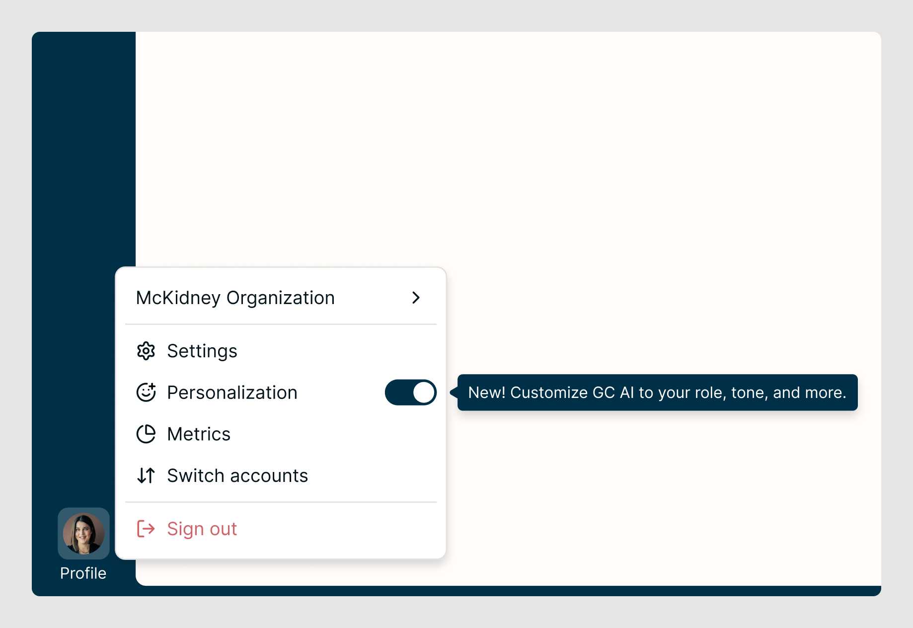 The account menu open from the profile avatar, with Settings, a Personalization toggle marked New, Metrics, and Sign out.