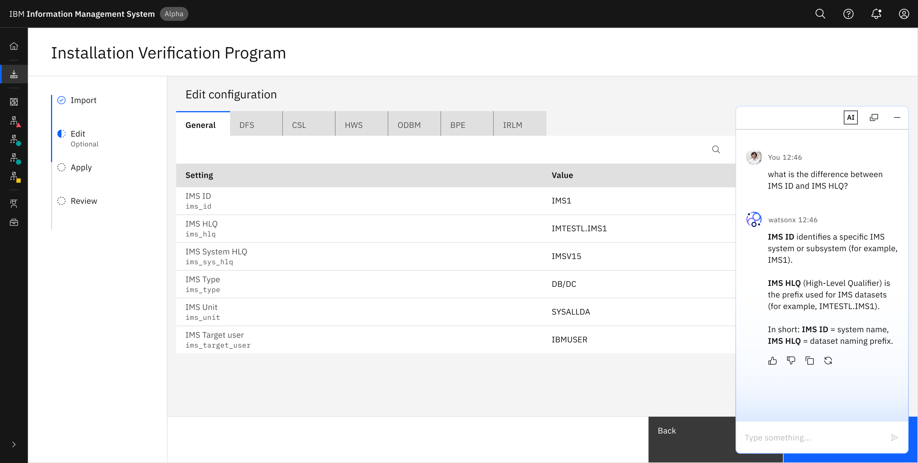Chat panel where a user asks a natural-language question about their configuration and receives a contextual answer