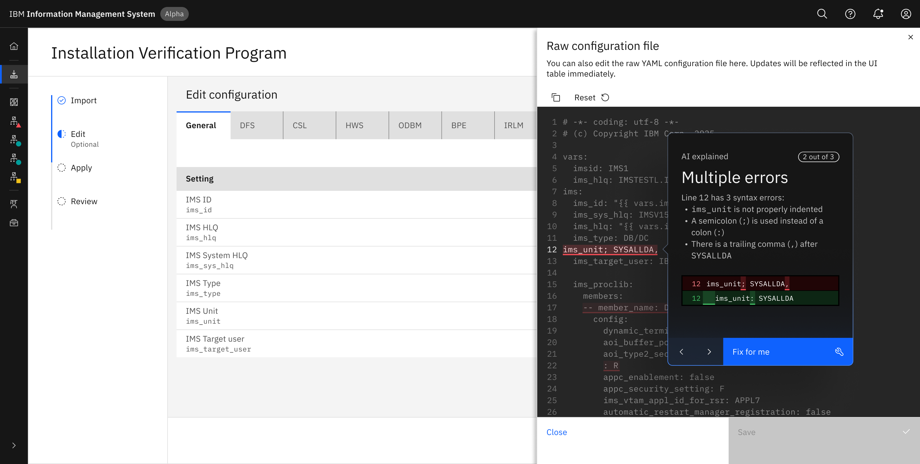 YAML validation panel highlighting a syntax error alongside a suggested