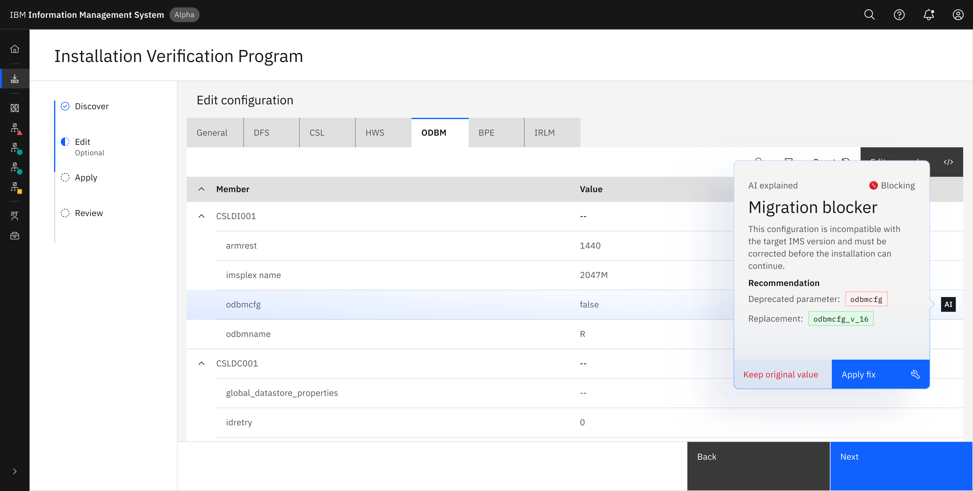 Migration analysis screen flagging configuration values that are incompatible with the target version