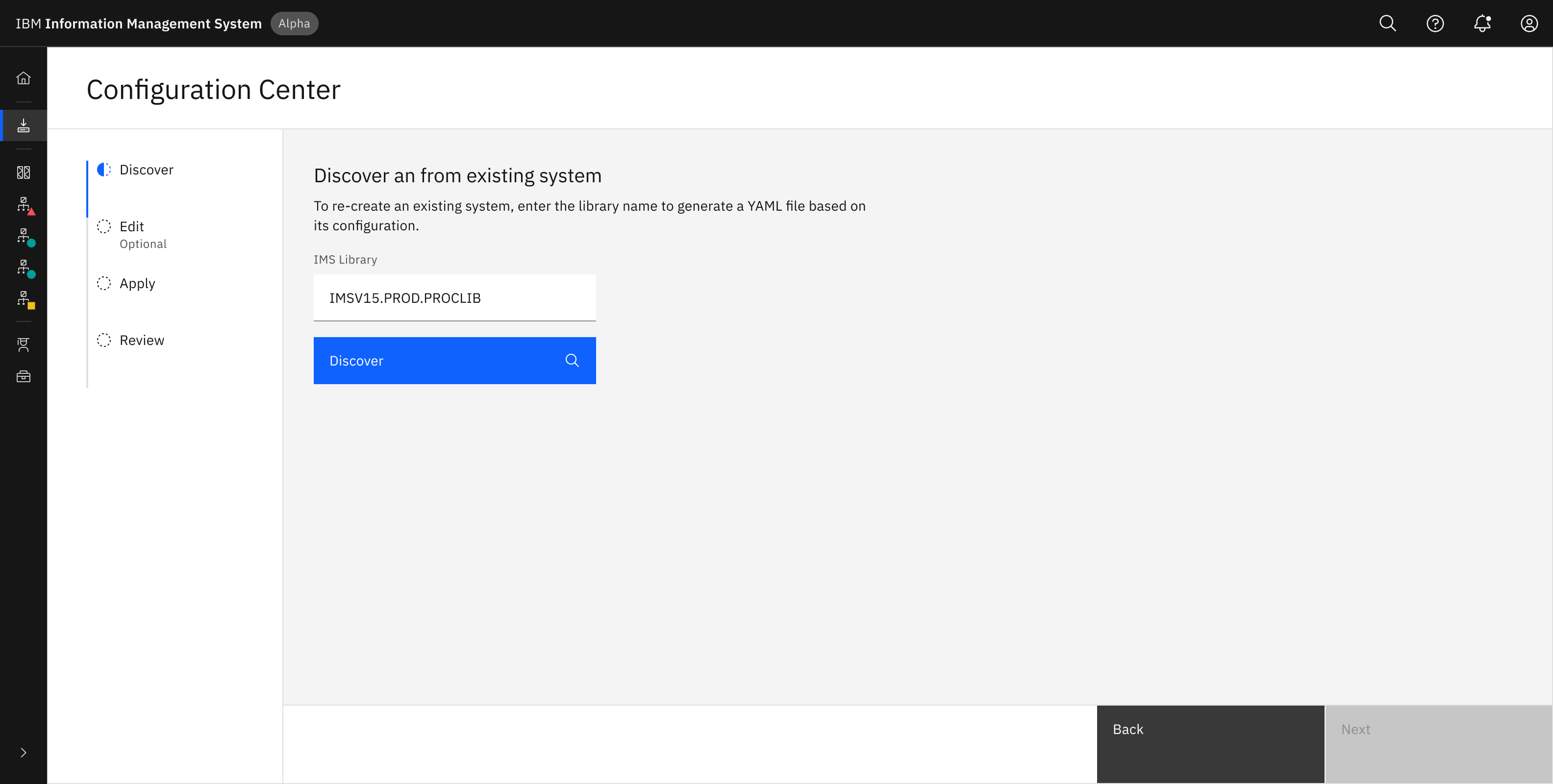 Screen for locating and selecting an existing IMS system to clone