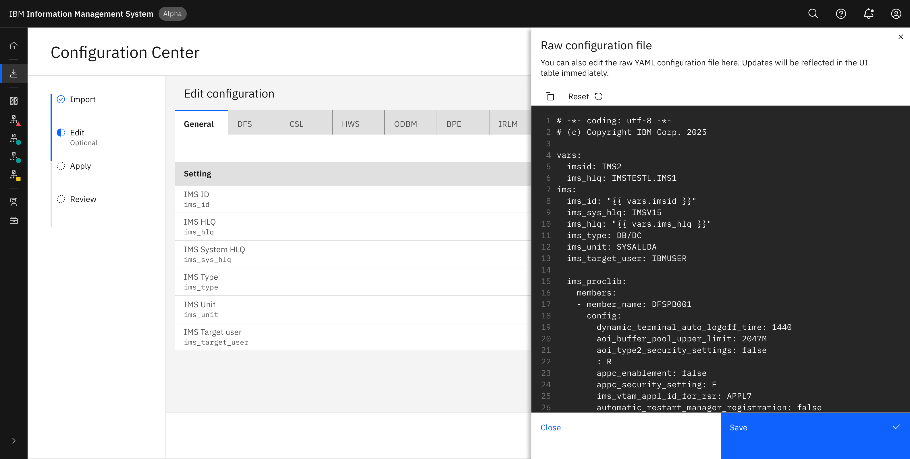Table view of configuration values organized into categories, with a toggle to view the raw YAML file
