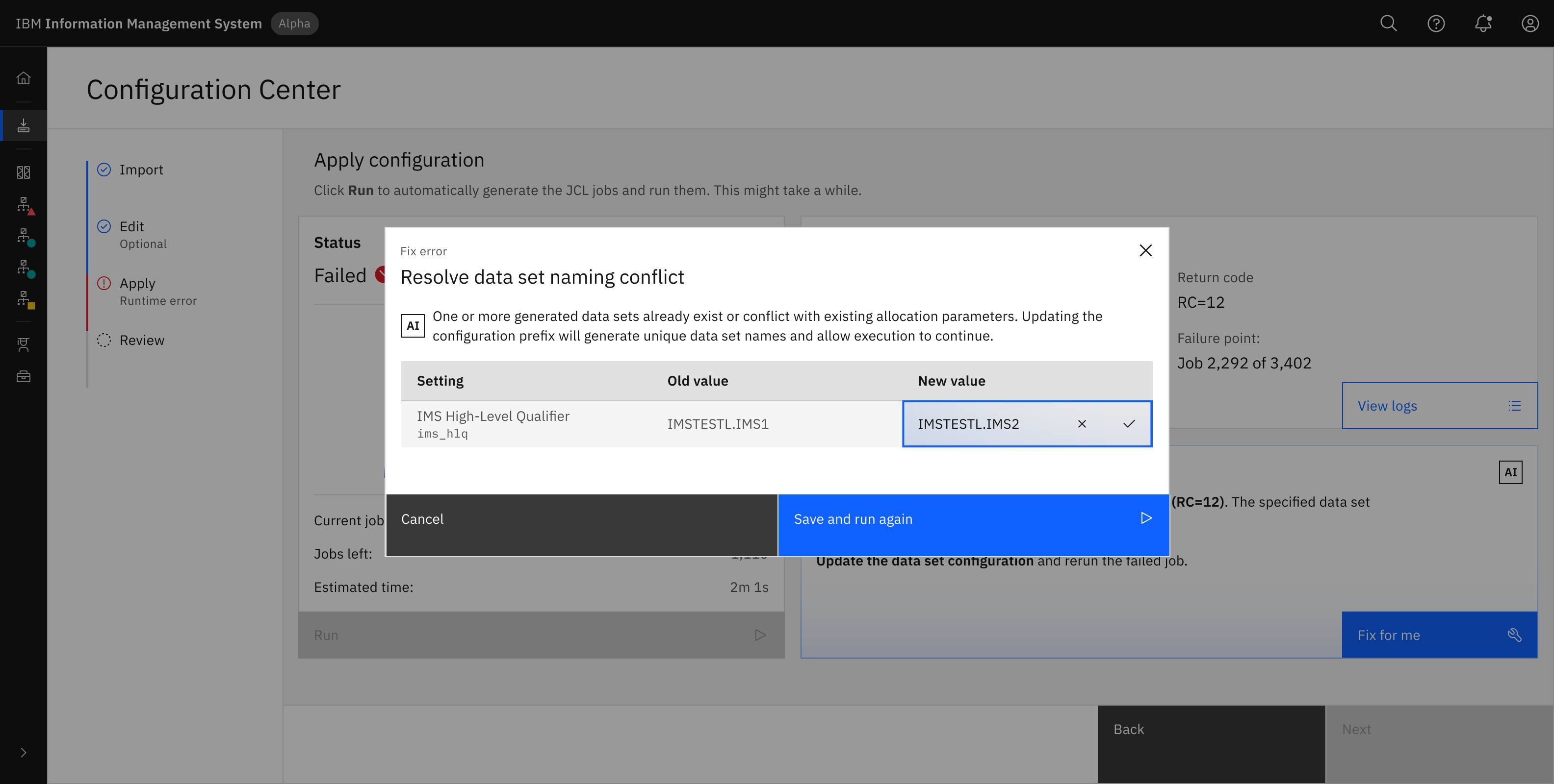 Modal showing an AI-suggested fix for a configuration error, layered over the Apply screen