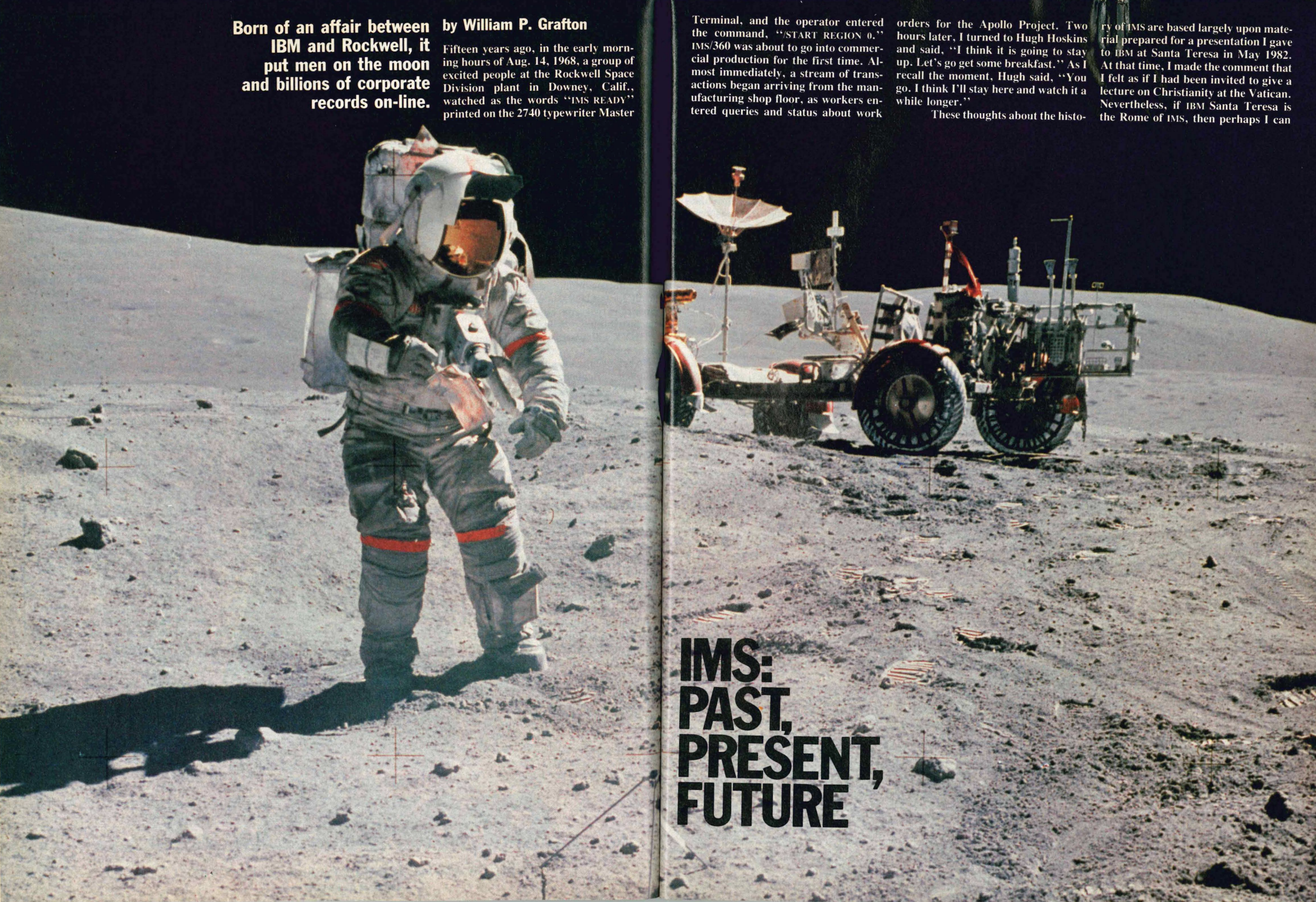 Magazine cover depicting Apollo 11 landing on the moon, with the headline "IMS: Past, Present, Future"