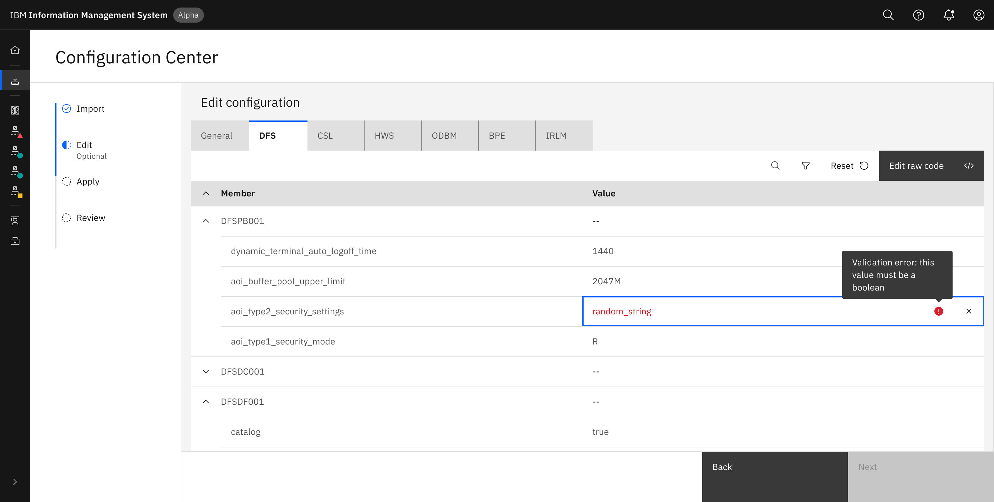 A value being edited inline, with a validation error shown as a tooltip