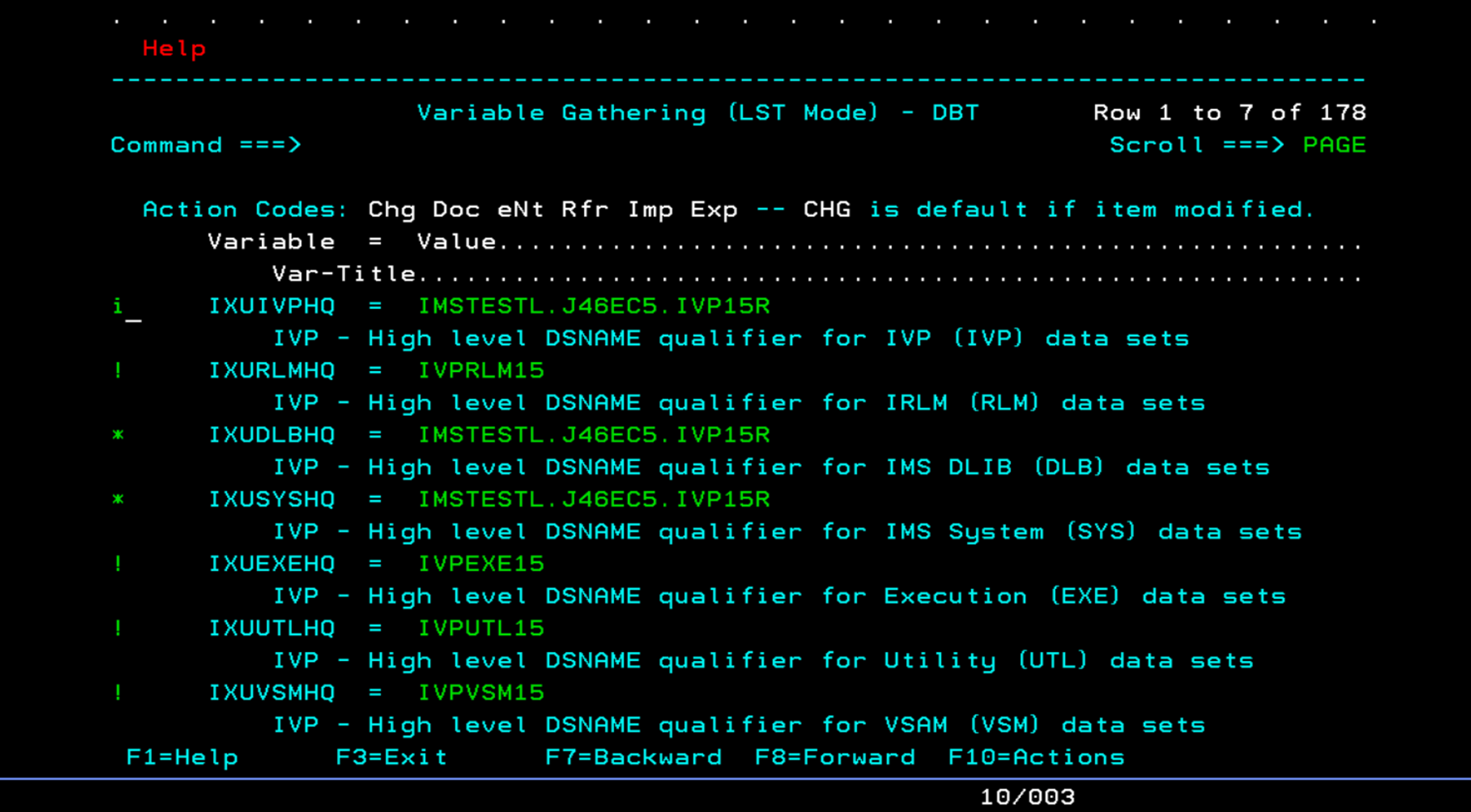 Green screen table of IMS variables with cryptic status symbols and abbreviations