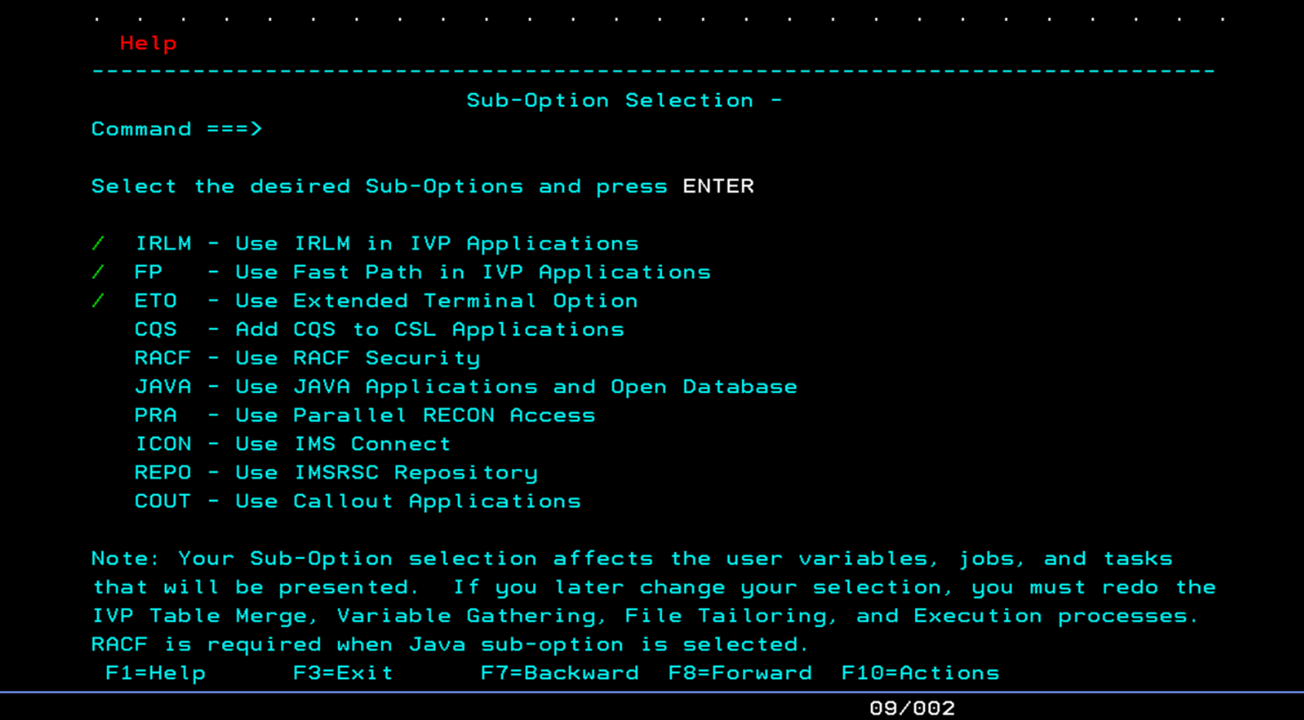 Green screen terminal showing sub-options toggled on with a forward slash