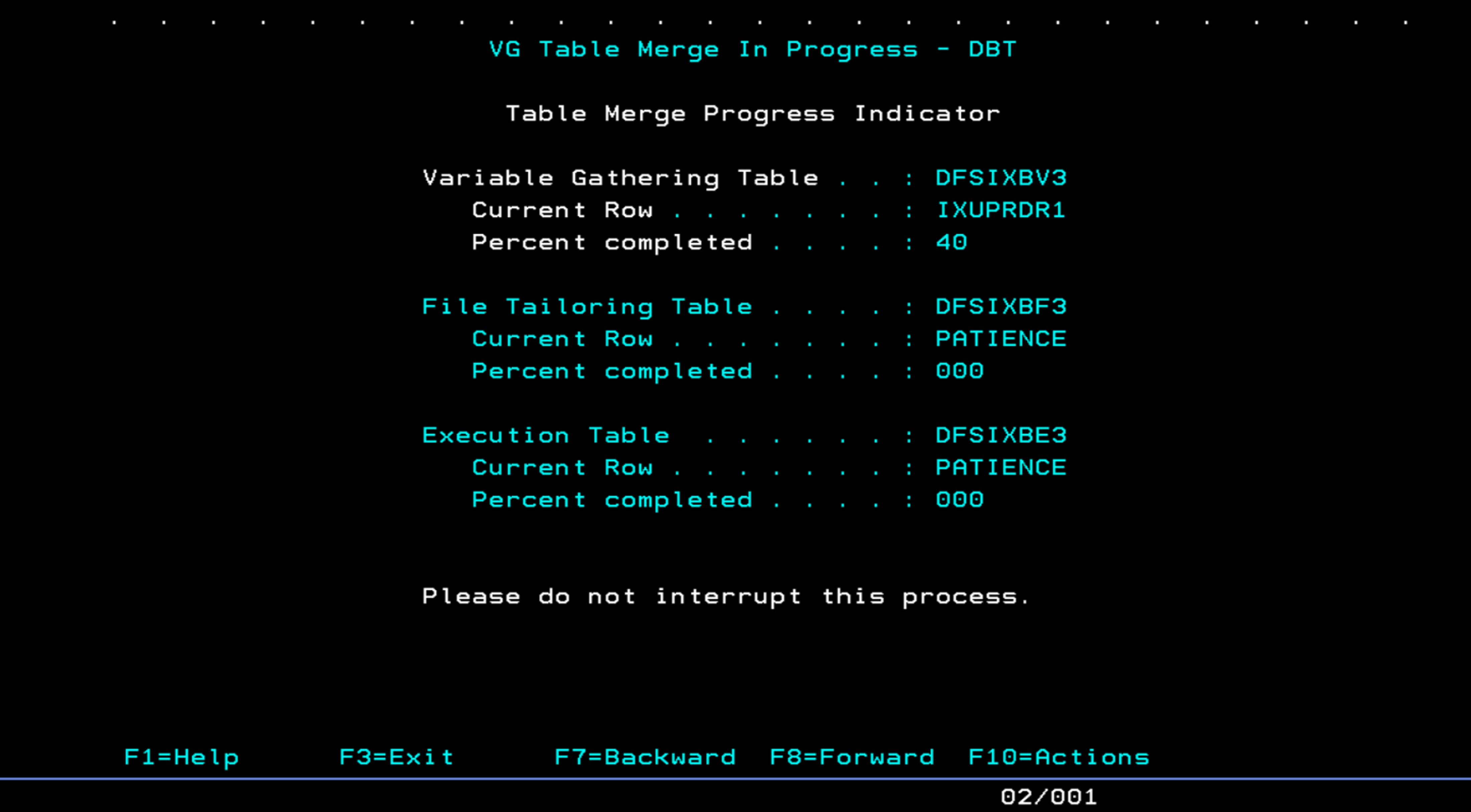 Green screen loading indicator displaying only the word PATIENCE