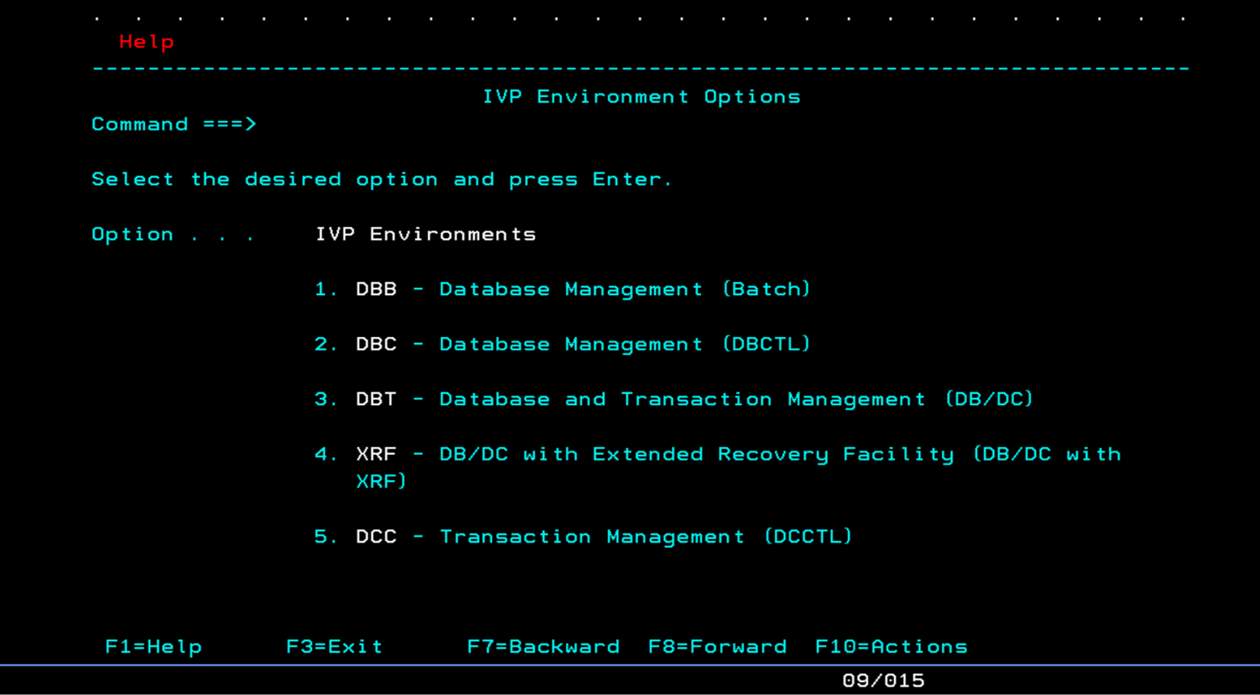 Green screen terminal showing a numbered list of IMS environments to choose from