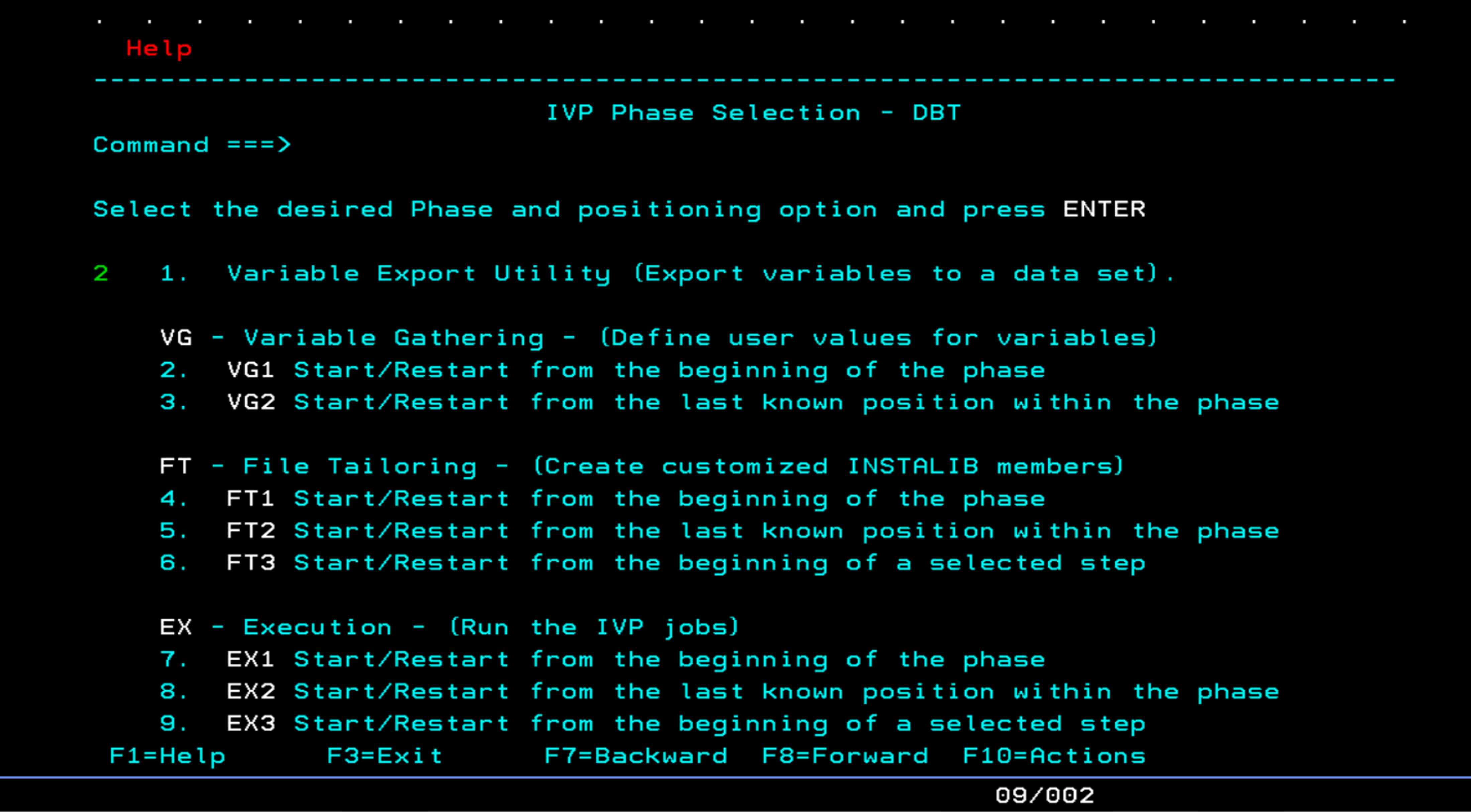 Green screen menu listing phase navigation and restart options as plain text