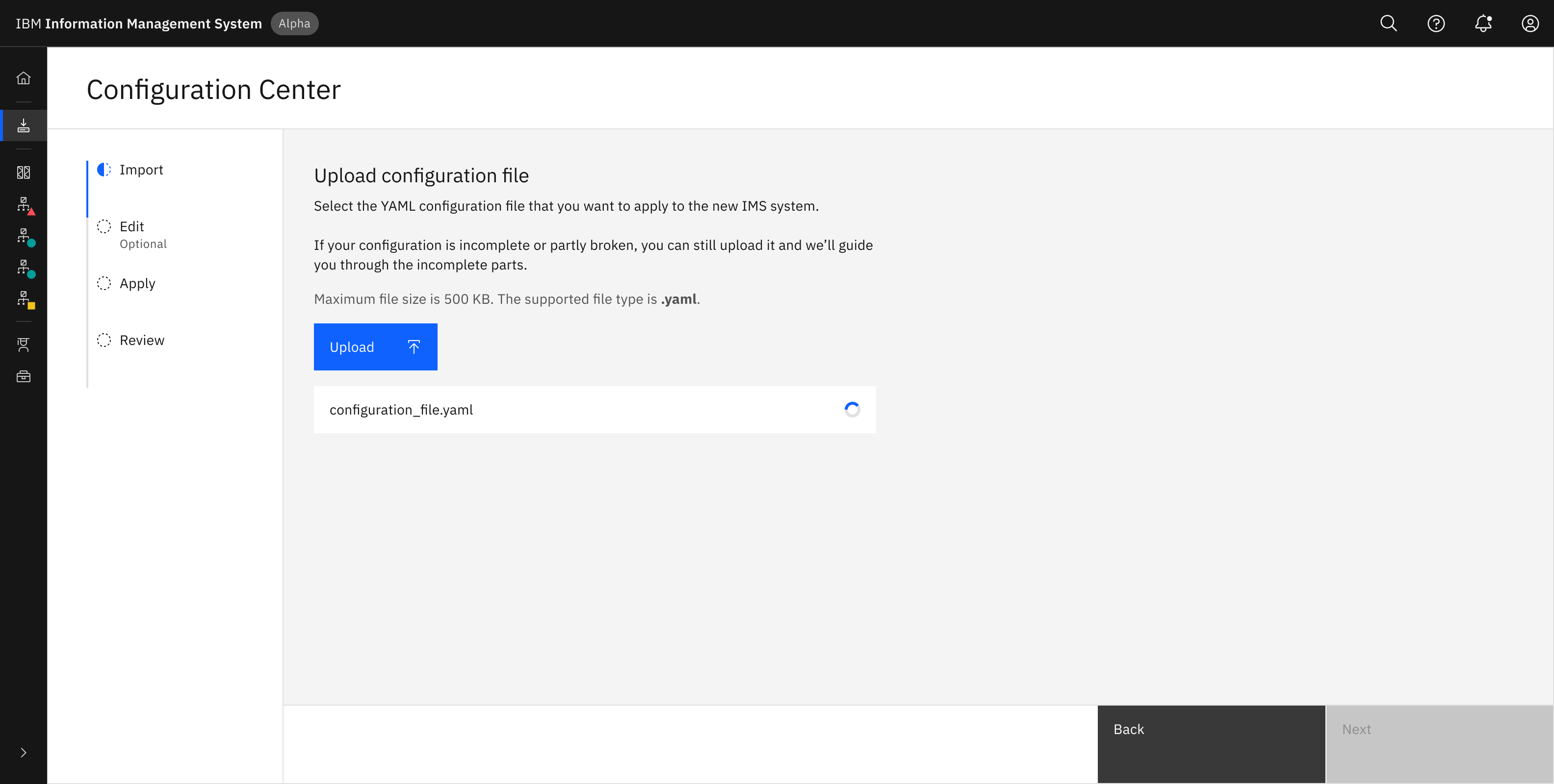 Screen for uploading a YAML configuration file