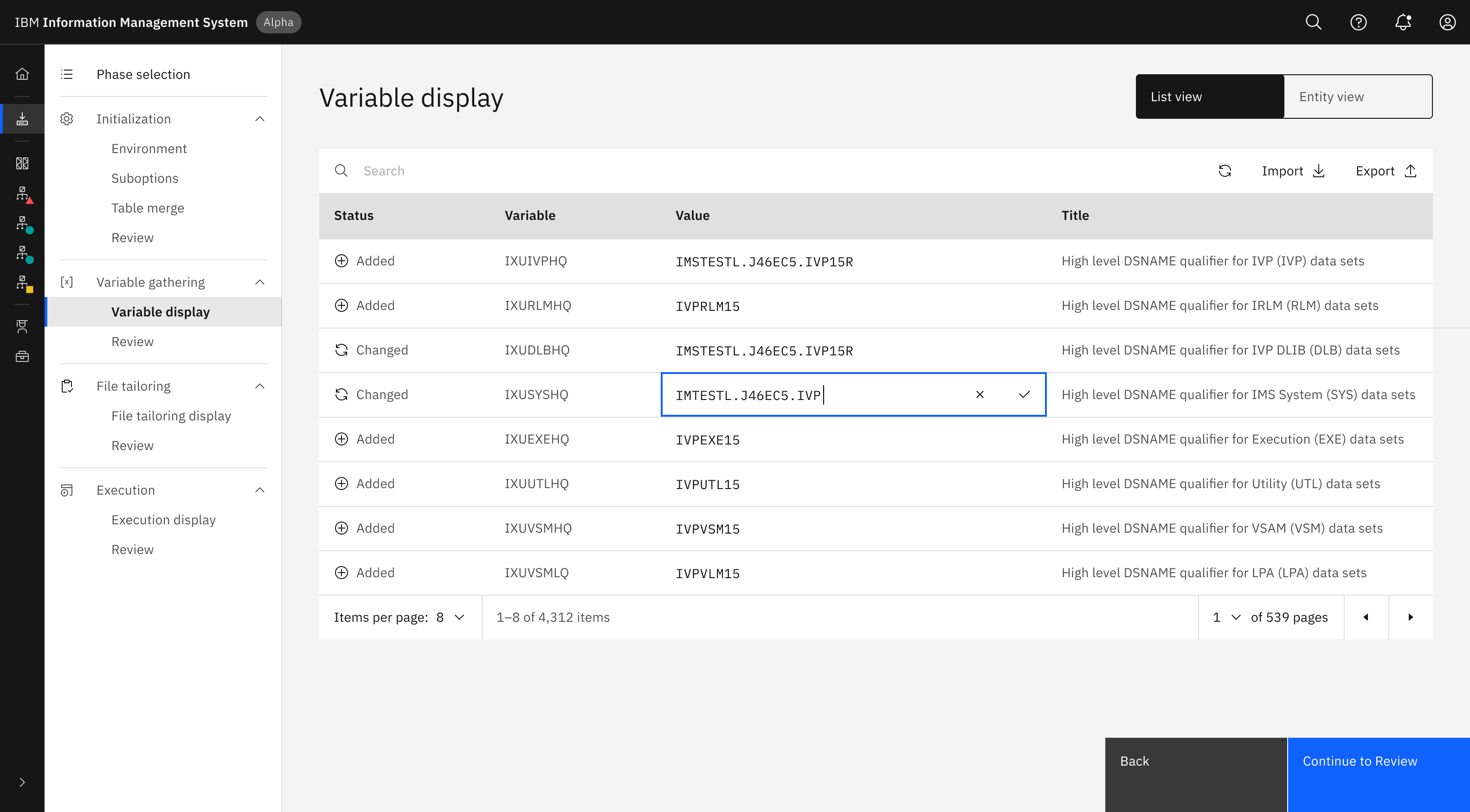 Redesigned data table with inline editing and status indicators for each variable