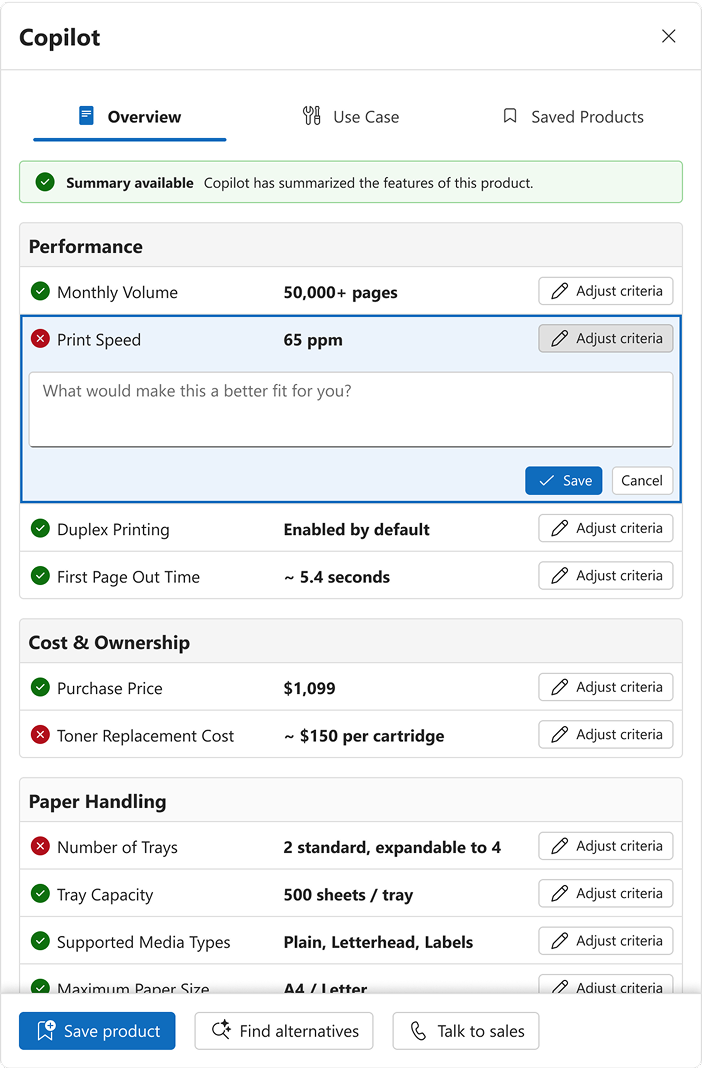 Copilot panel with the Print Speed row expanded into an editable Adjust criteria text box.