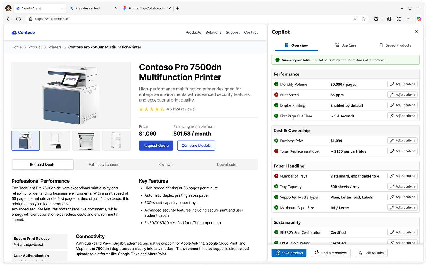 High-fidelity browser mockup of a printer product page with the Copilot extension panel open alongside it.