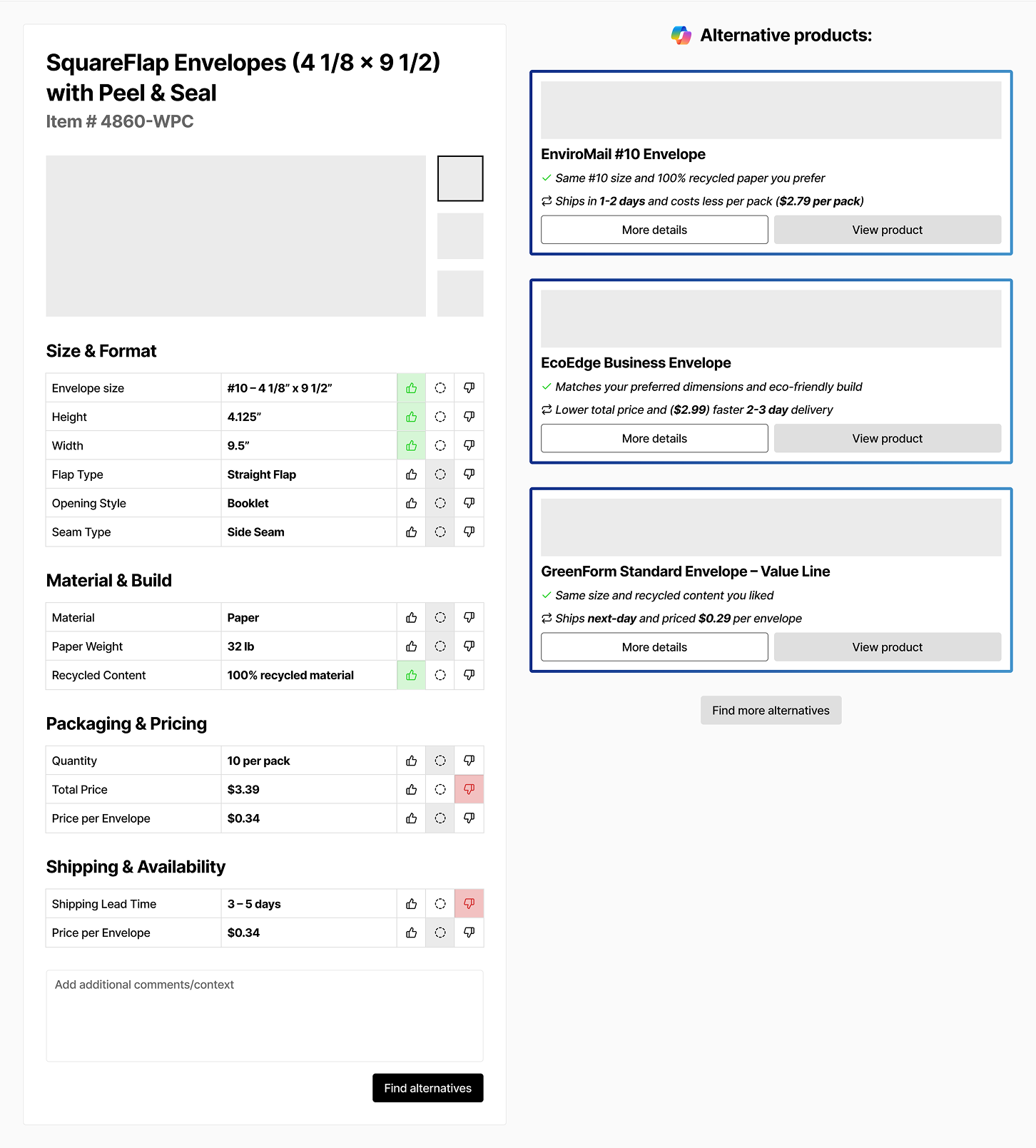 A scraped product-feature table with thumbs-up and thumbs-down controls on each attribute, beside a list of alternative products.