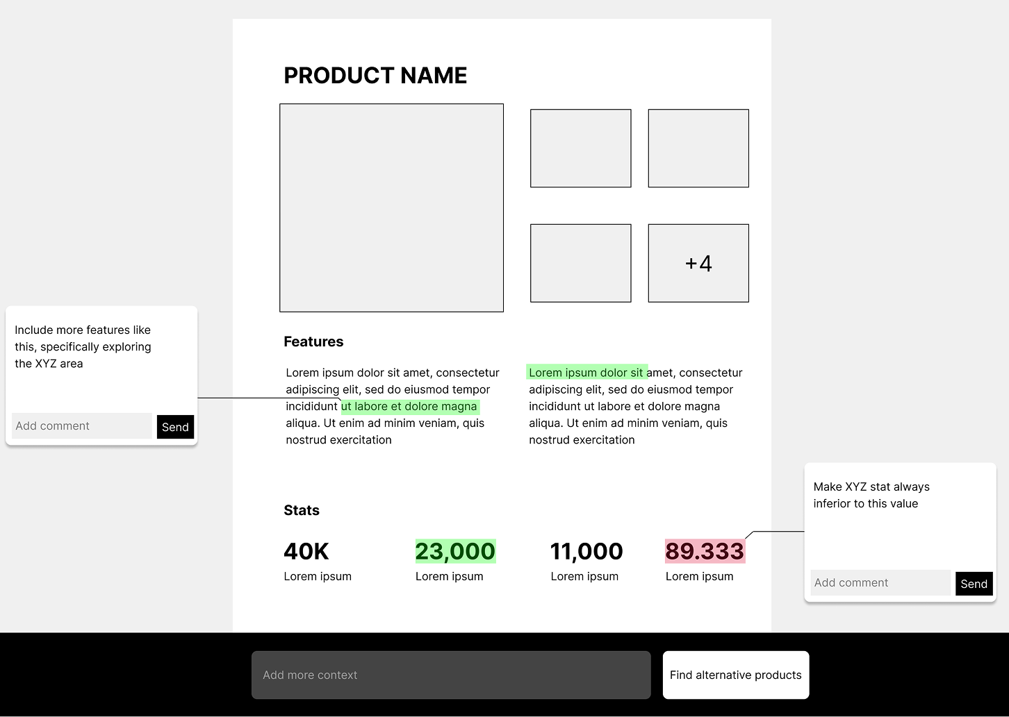 Low-fi sketch of a product page with highlighted text and floating comment popovers, plus a button to find alternative products.