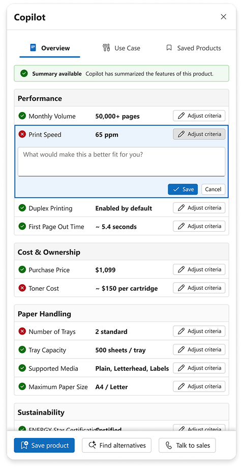 The table with an editable Adjust criteria text box open on one row, asking what would make the product a better fit.