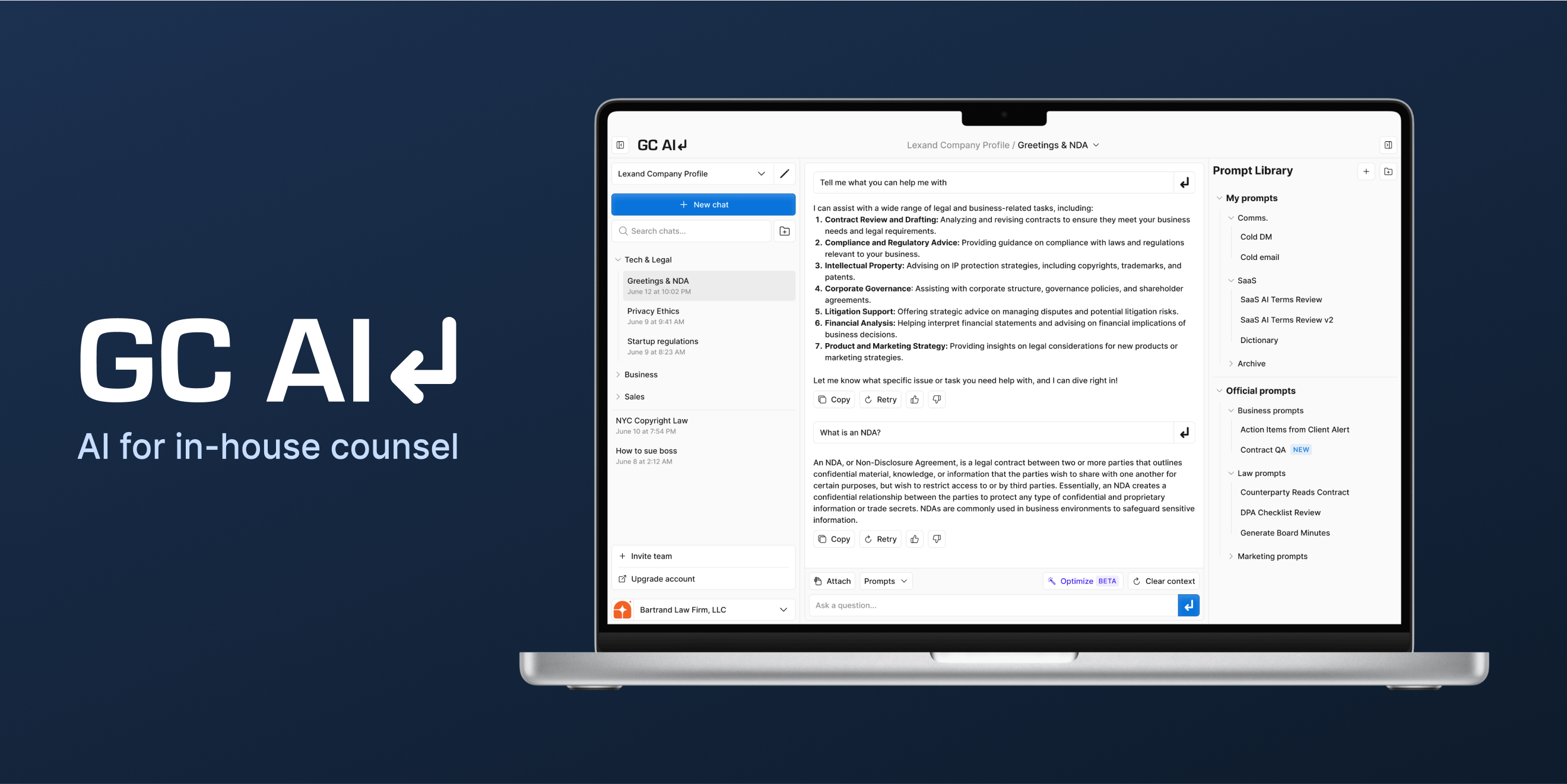 A banner showing the GC AI logo next to a laptop displaying a legal AI chatbot interface