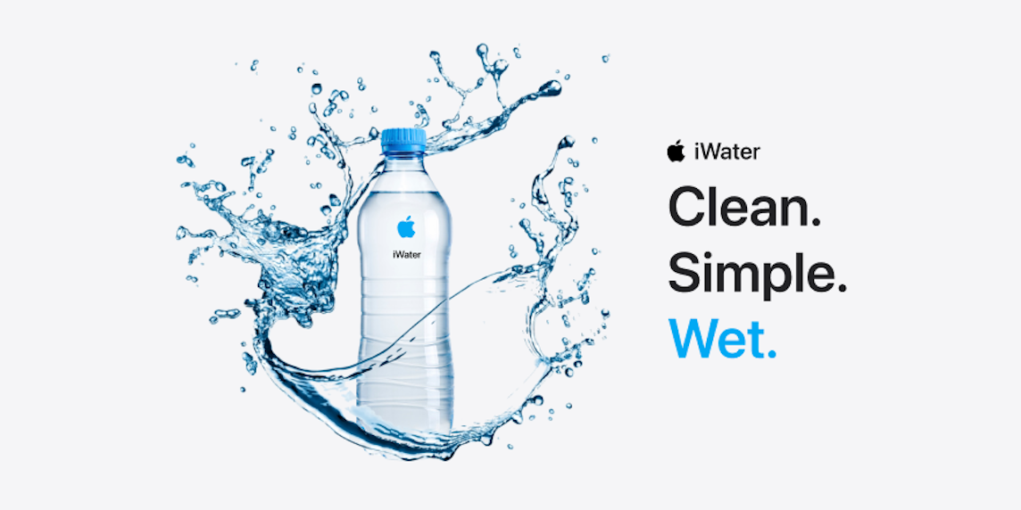 A banner showing an Apple-branded water bottle next to the slogan 'Clean. Simple. Wet'