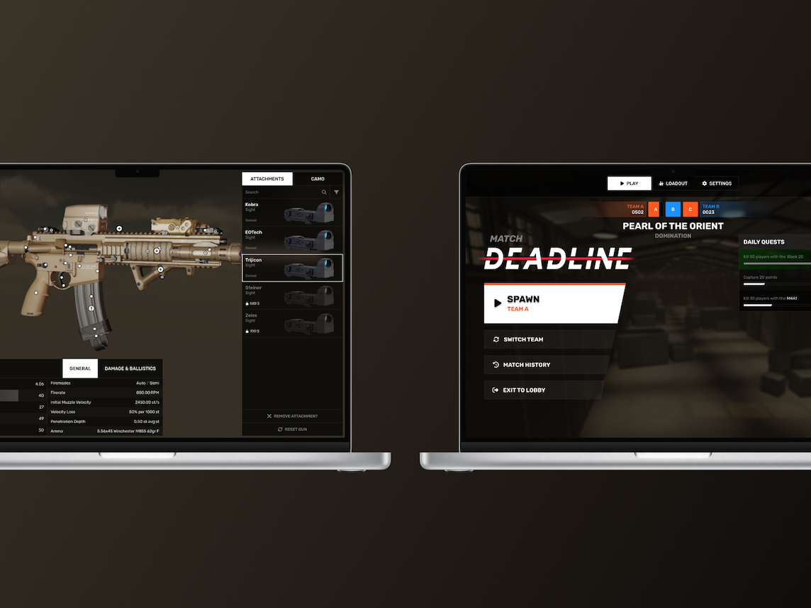 Two laptops displaying the Gun Editor and Start screens of the Deadline game on a brown gradient background