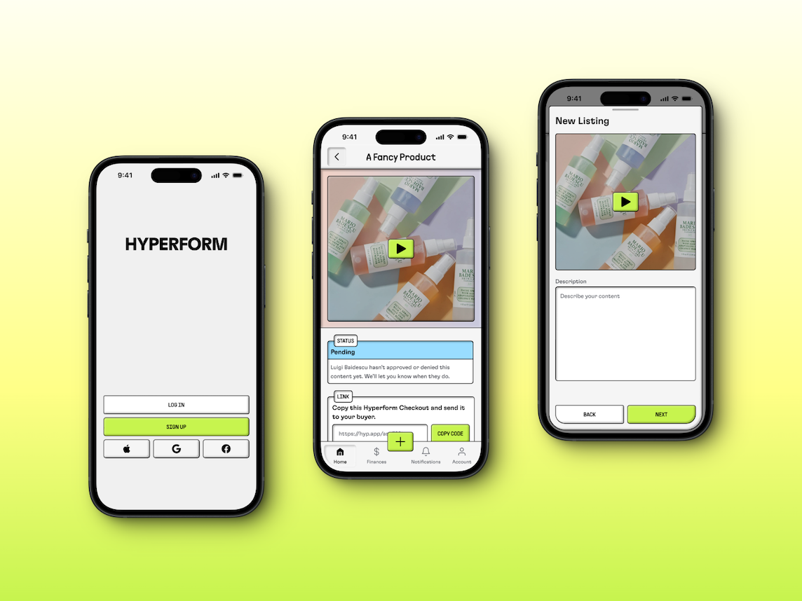 3 phones displaying the Hyperform app interface on a lime gradient background