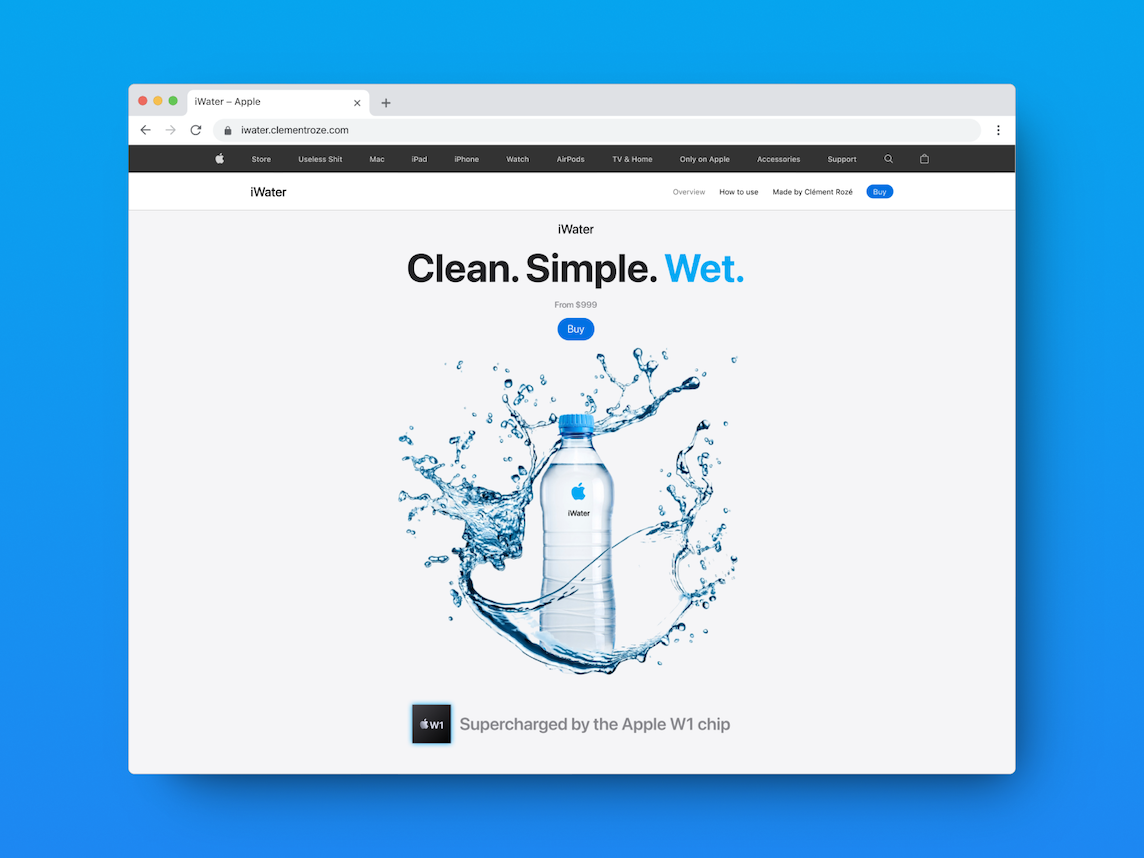 A browser displaying the hero section of the iWater website on a blue gradient background