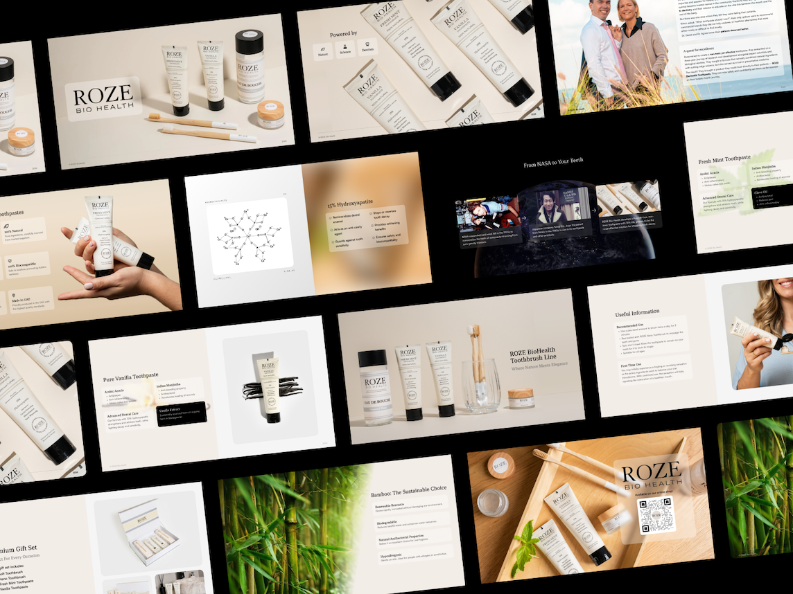 An arrangement of several slides of a ROZE Clinics marketing pitch deck on a black background