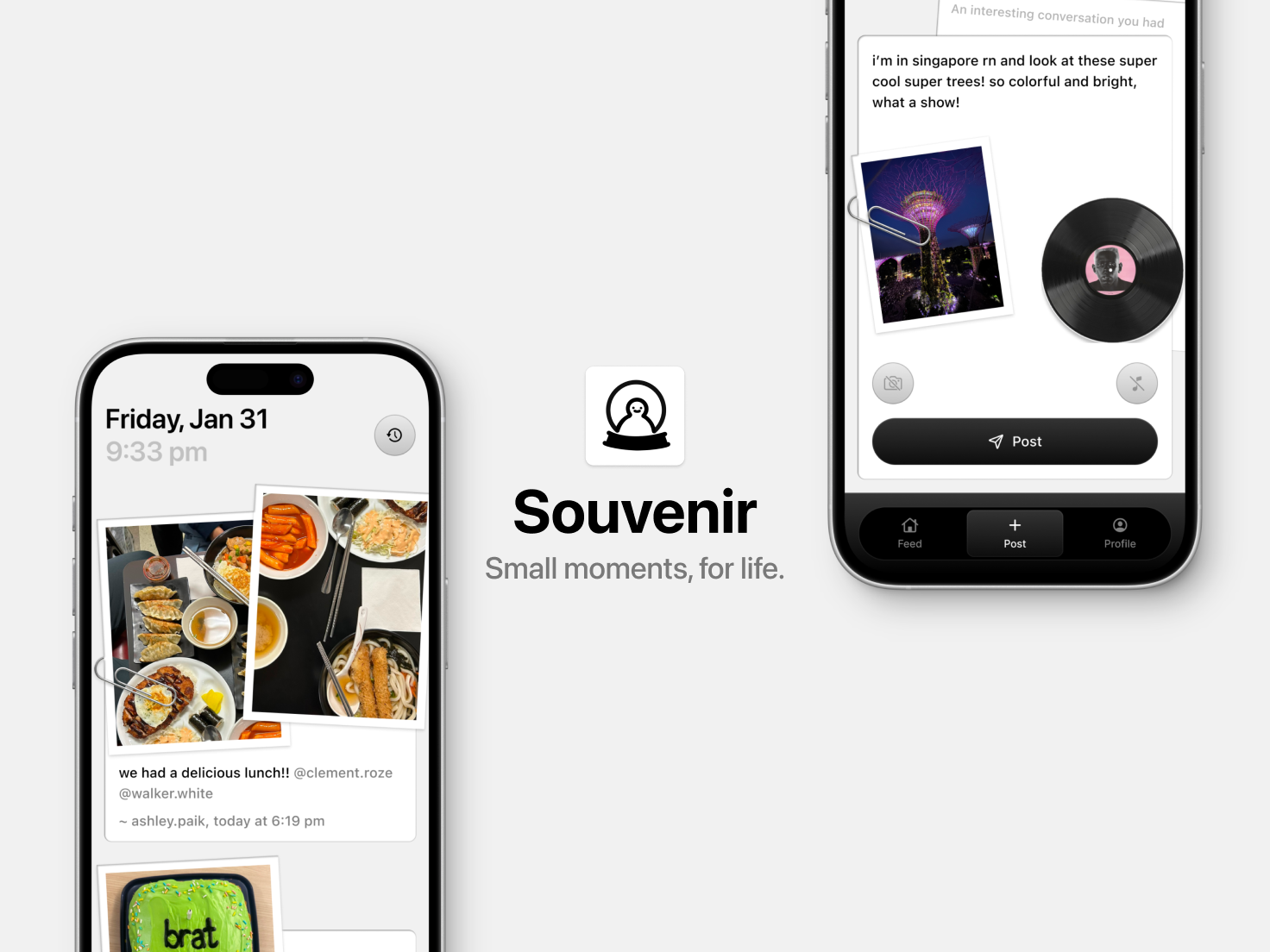 2 phones showing the Souvenir app surrounding the icon and 'Small moments, for life' slogan