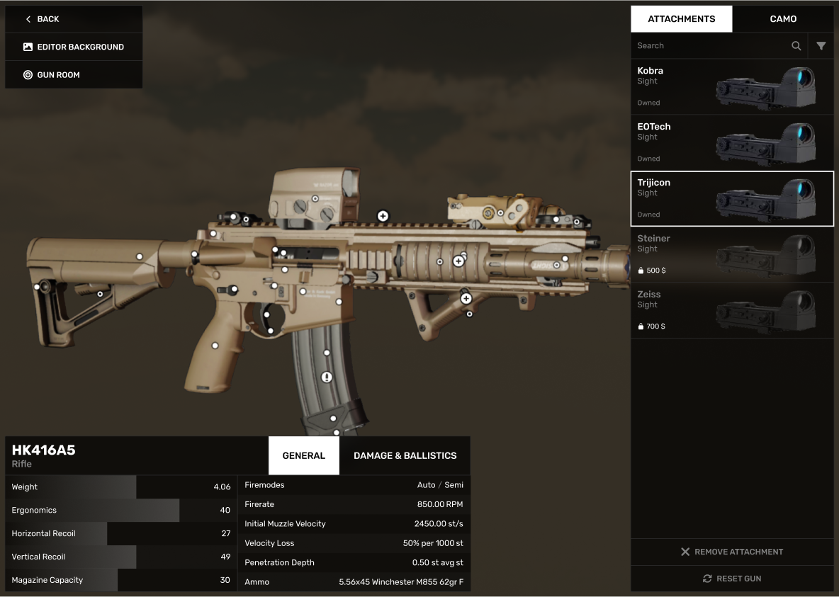 The gun editor screen displaying detailed stats of the weapon, a 3D model of the gun, and a sidebar with weapon attachments