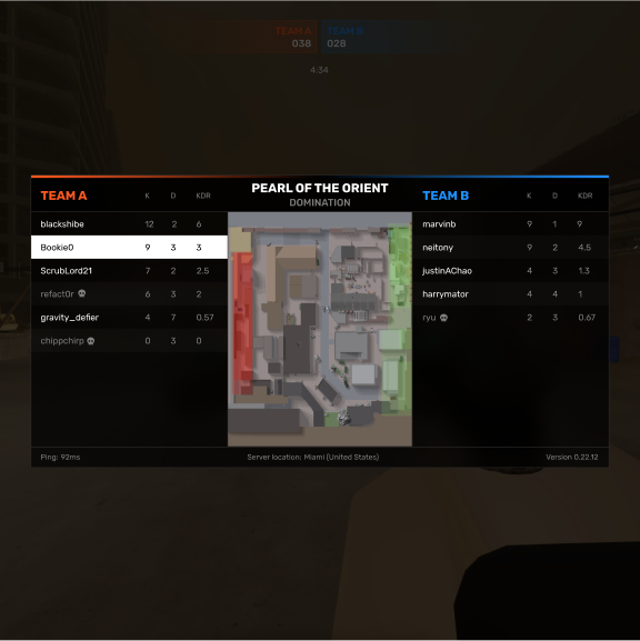 The in-game leaderboard displaying match details, the players of each team, and a minimap