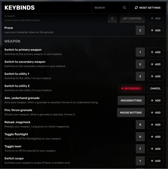 The Keybinds section of the Settings screen