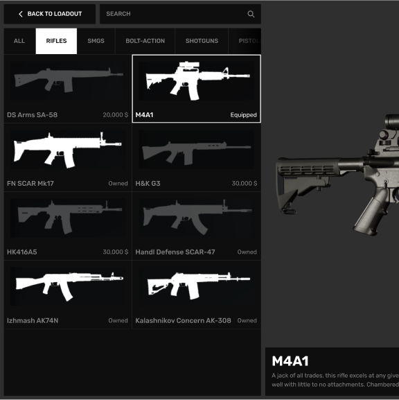 The gun switcher screen displaying a grid of weapons to select frmo