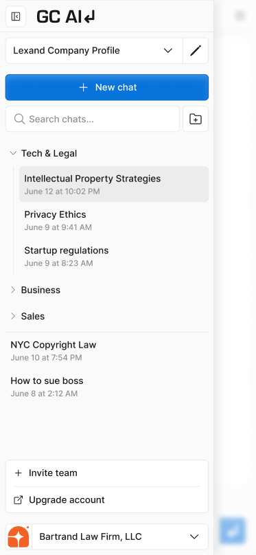 Mobile view of the left sidebar open, displaying the list of chats and other options