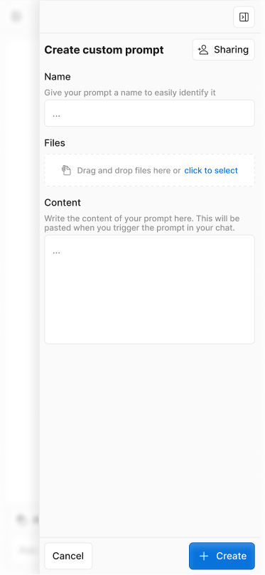 Mobile view of the right sidebar open, displaying a form to create a custom prompt