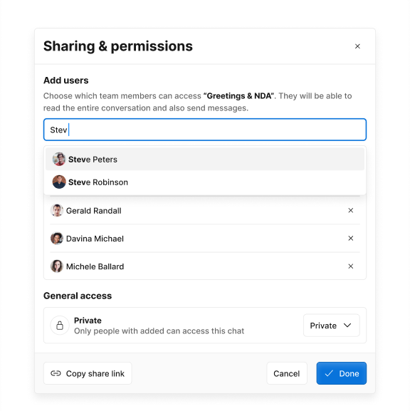 A modal window showing a sharing & permissions form