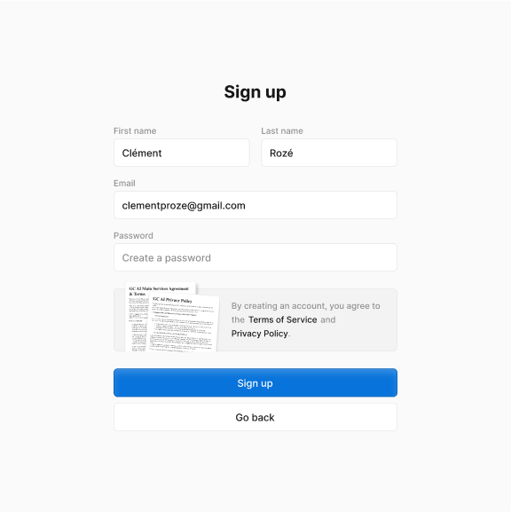 A signup form with fields for the first name, last name, email, and password, featuring a creative terms of service agreement and buttons to submit the form or go back