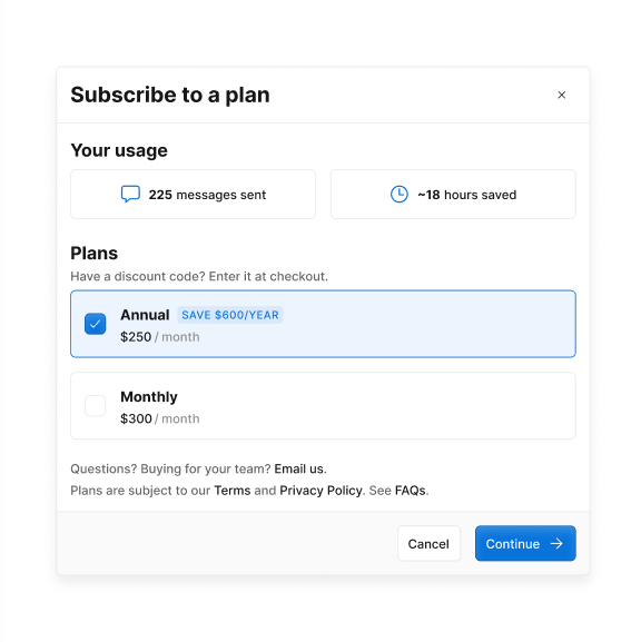 A modal window showing a subscription form